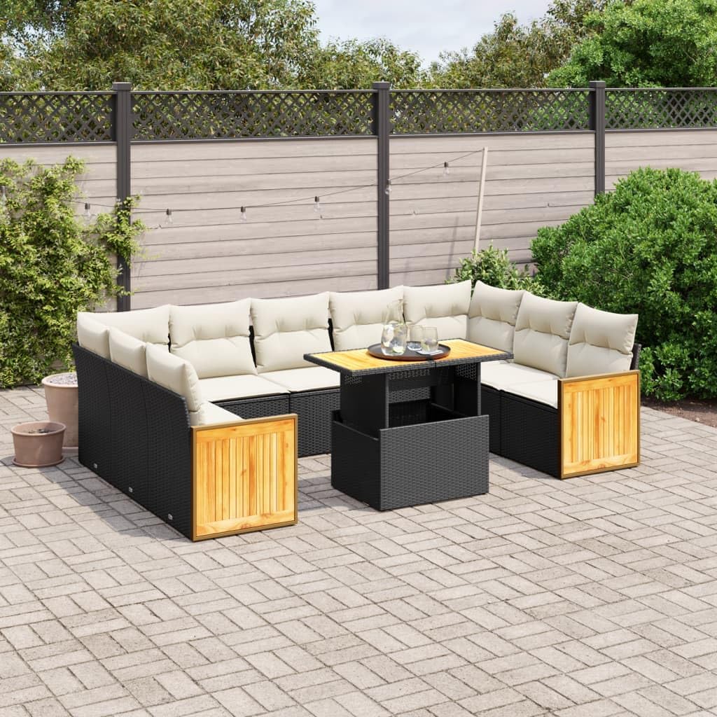 10-Piece Garden Sofa Set, Black Poly Rattan Outdoor Patio Furniture with Cream Cushions, Modular Seating for Balcony, Terrace, and Deck