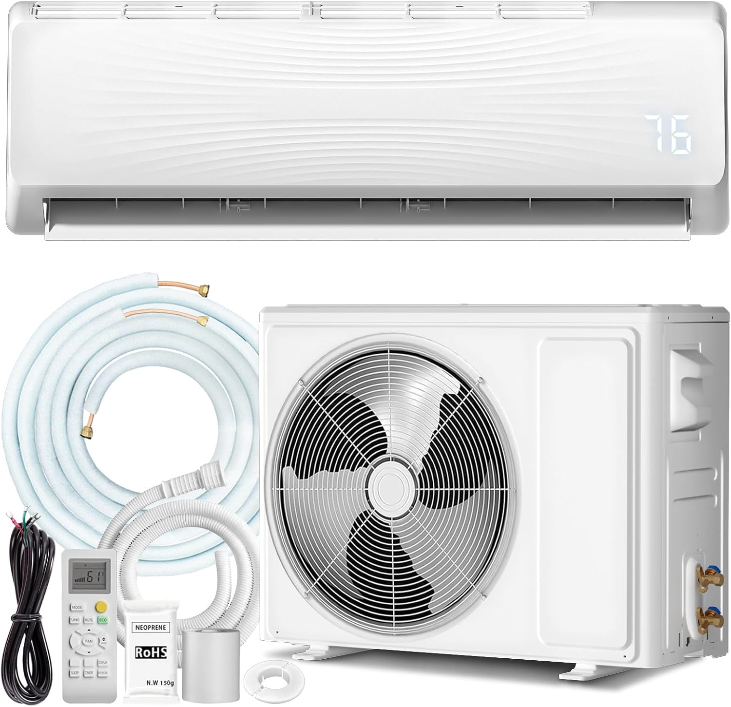 18000 BTU Mini Split AC/Heating System with Inverter, 19 SEER2 115V Energy Efficient Ductless Wall-Mounted Air Conditioner Unit Cools Rooms up to 750 Sq. Ft with Heat Pump & Installation Kits