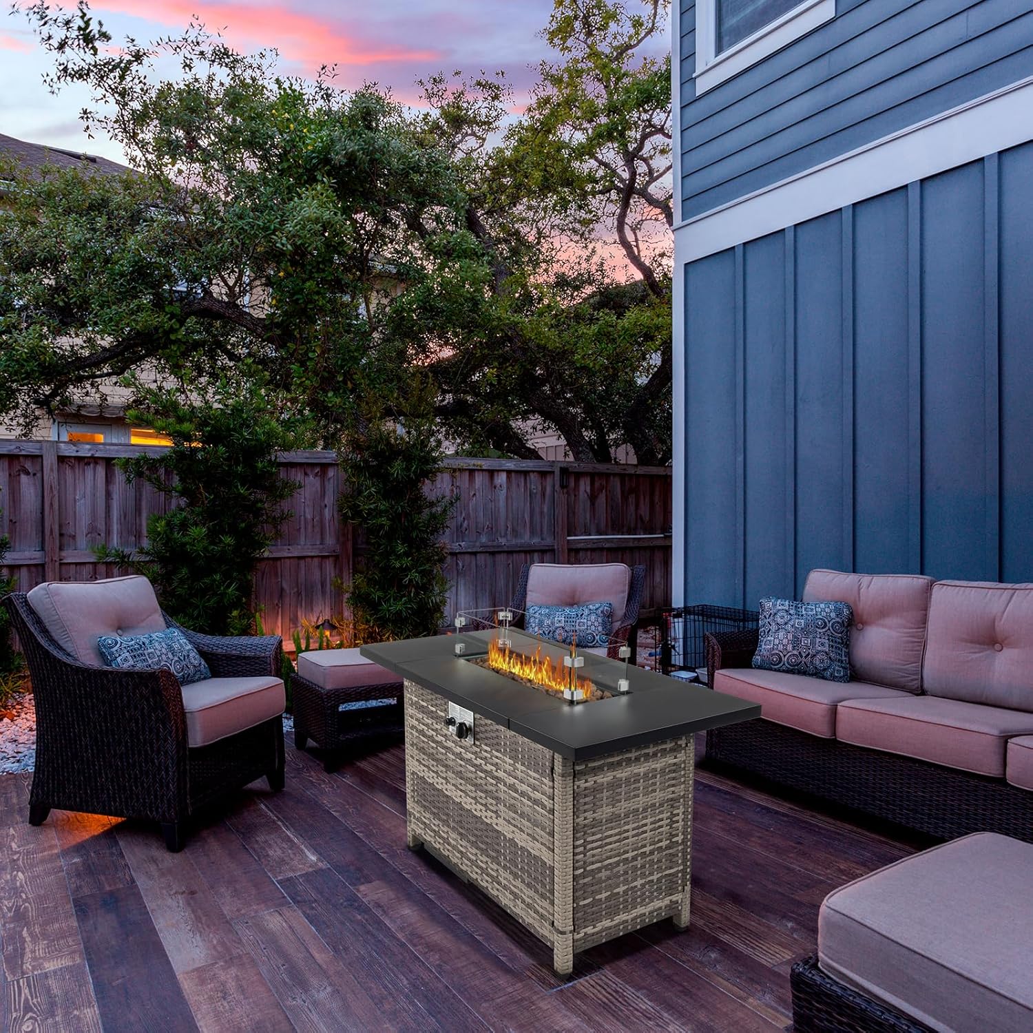 Outdoor Gas Fire Pit Table with Electronic Ignition, Volcanic Stone Fill, Glass Wind Guard and Protective Lid for Patio Use