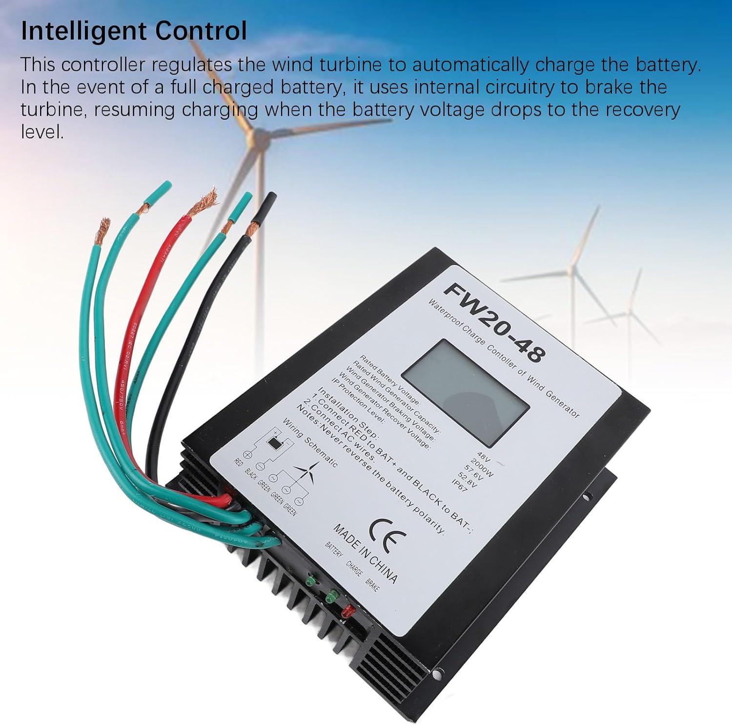 2000W Wind Turbine Charge Controller, 48V IP67 MPPT Generator Controller with LED Display - Water , Efficient Heat Dissipation, Ideal for Home Use