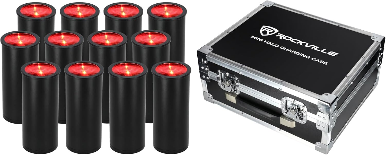 Rockville 12 Pack MINI Halo Black DJ Wash Effect Lights + Wireless Charging Case, Wireless DMX, 4 Group RF Remotes