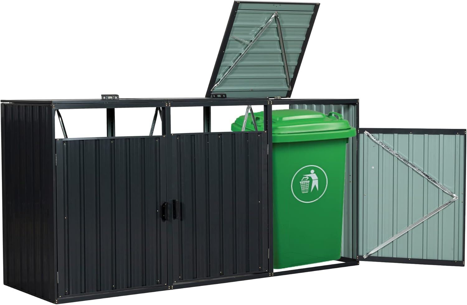 Garbage Bin Shed Stores 3 Trash Cans Metal Outdoor Bin Shed for Garbage Storage,Stainless Galvanized Steel, Bin Shed for Garden Yard Lawn