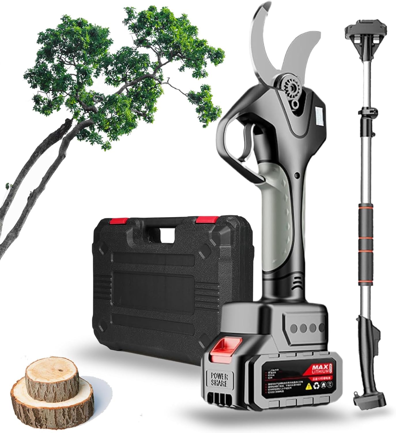 Cordless Electric Pruning Shears, Professional Battery Branch Cutters for Orchards, with 2.1m Extension Poles, Max Cutting Diameter 78mm, for Pruning, Gardening,2Battery,?1Battery