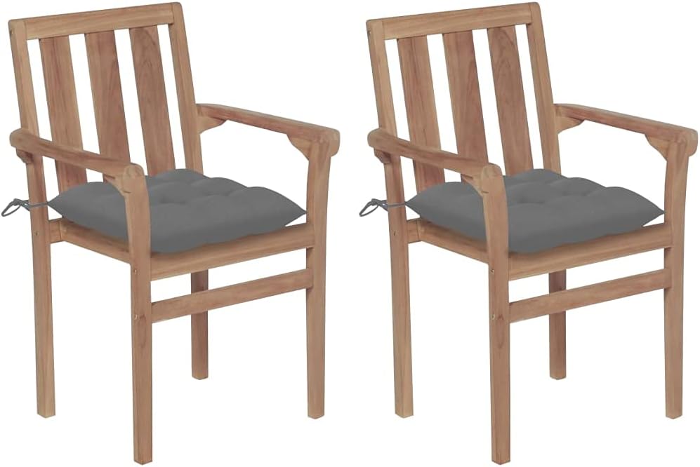 Patio Chairs 2 pcs with Gray Cushions Solid Teak Wood,Stylish Teak Patio Chairs with Stackable Design for Home and Outdoor Use Outdoor Furniture, Outdoor Chairs