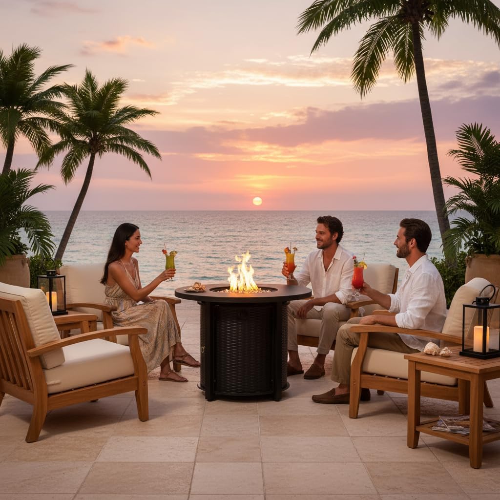 32-Inch Round Propane Fire Pit Table, 50,000 BTU Outdoor Steel Fire Table with Storage, Black Wicker Design, Volcanic Rocks, Electronic Ignition for Patio Garden Deck