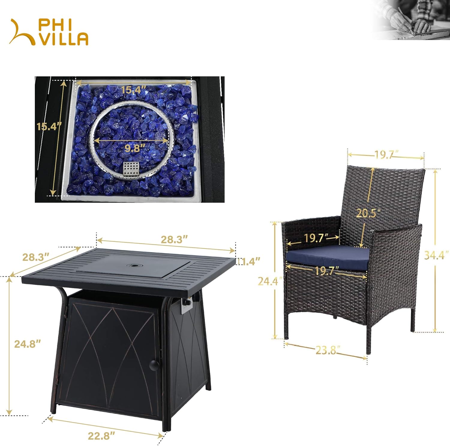 PHI VILLA 28” Propane Fire Table Conversation Set, 5 Piece Gas Fire Table with 4 Cushioned Wicker Chairs, Outdoor Fire Pit Dining Conversation Set for Patio, Yard