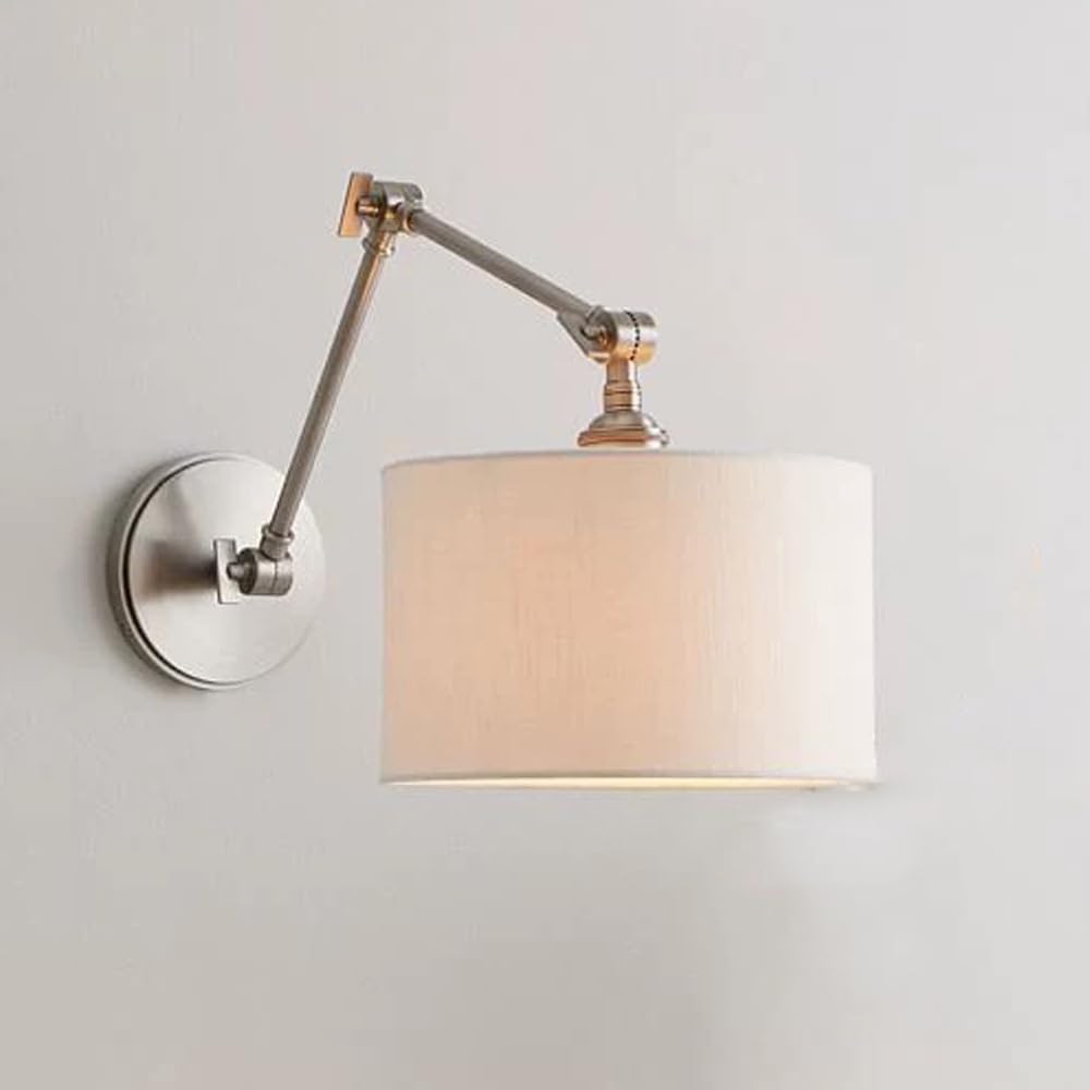 Vintage Swing Arm Wall Lamp Adjustable Bedside Reading Light with Cylinder Fabric Shade Modern Industrial Iron Sconce, Foldable E27 Retro Farmhouse Lighting Fixture for Bedro