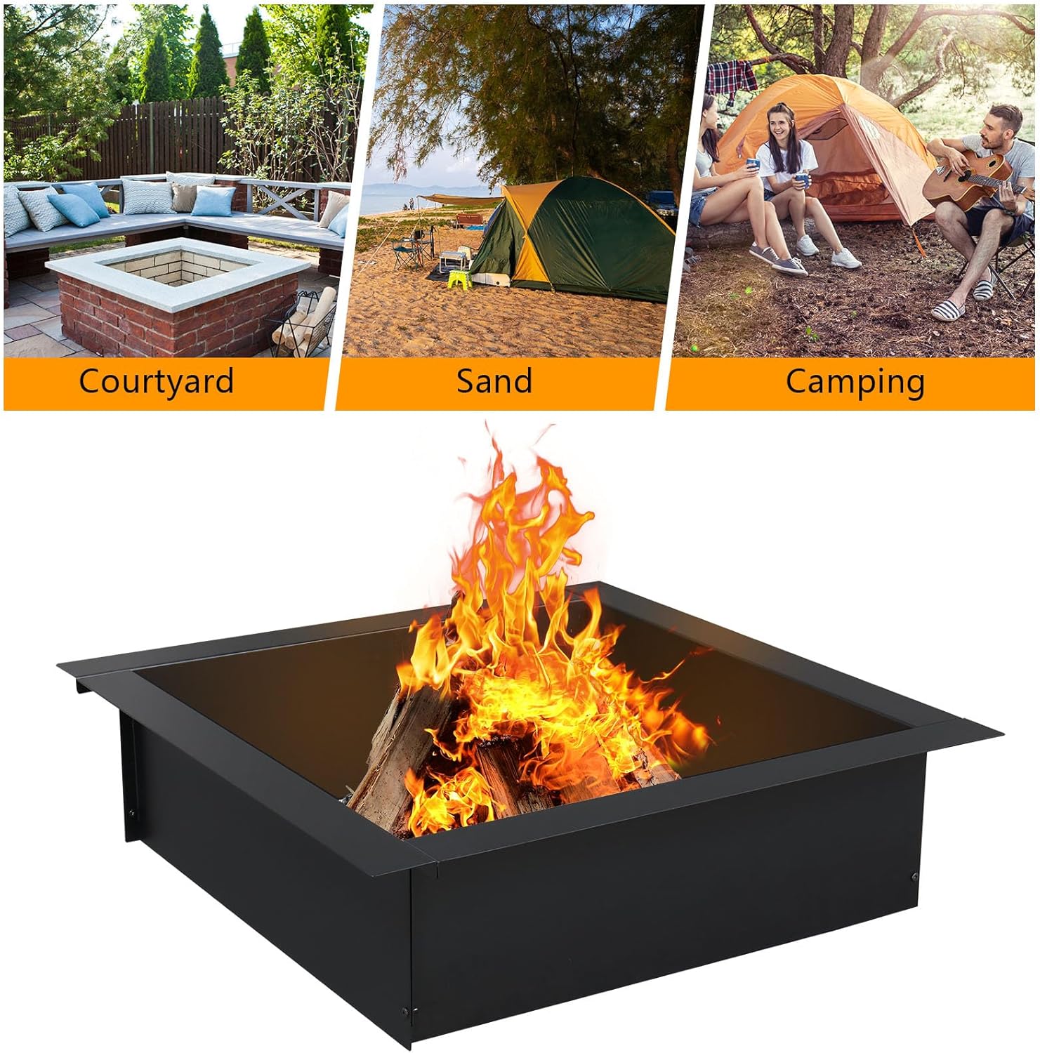 Black Outdoor Fire Pit Ring Fire Pit Square Steel Wood Burning Firepit Bowl, Square Fireplace for Outdoor Heating, Backyard BBQ 36