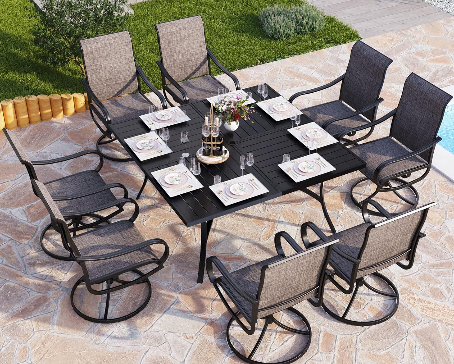 PHI VILLA 9 Pcs Patio Dining Set with Large Square Metal Dining Table & 8 Outdoor Textilene Fabric Swivel Dining Chairs, Outside Table Chair Furniture Dining Set for 8 Person