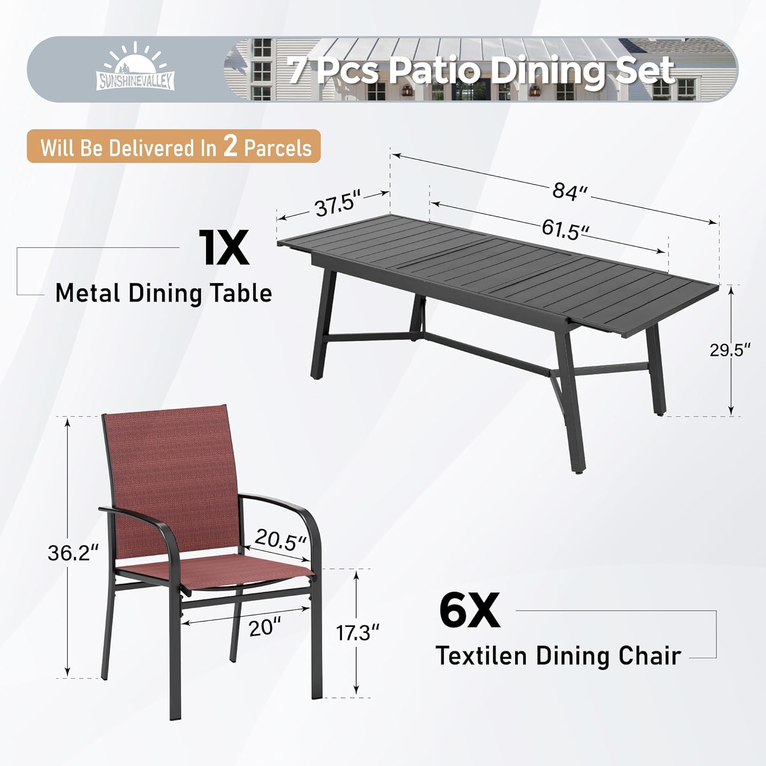 Outdoor Dining Chairs Red Set of 6,61.4x37.4x29.5” Rectangular Dining Table（Extendable）,Patio Dining Set 7 PCS,Patio Dining Set for Outdoor Kitchen Lawn Garden,Bistro,Deck.
