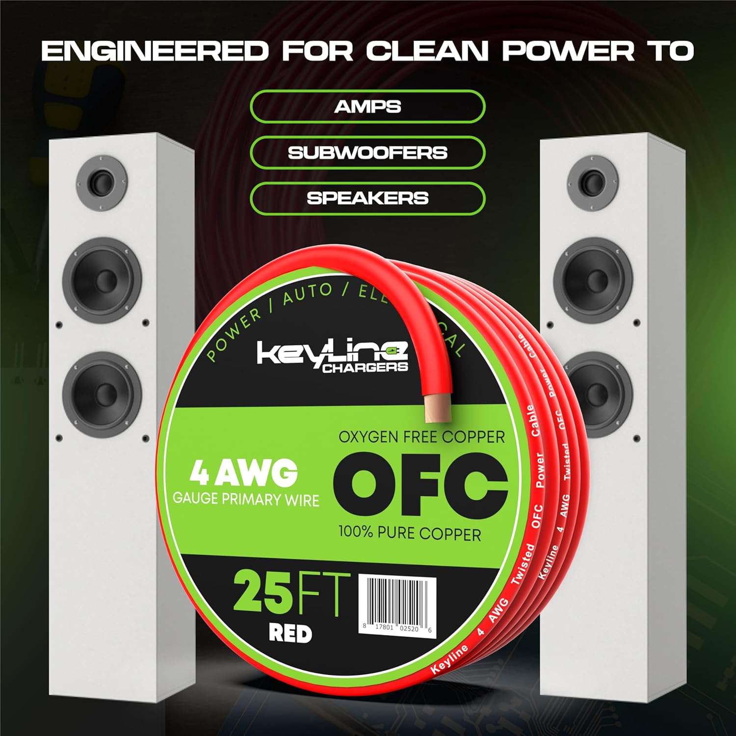 4 Gauge Wire (25ft) AWG Amp Battery Cable for Automotive Electrical Wiring - Oxygen Free Copper (OFC) Welding Cable 4GA - Car Amplifier Power & Ground Cable, Stereo Audio Speakers, RV Trailer Wiring