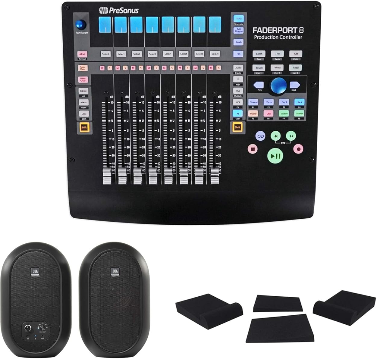 PRESONUS FADERPORT 8 USB 8-Channel Mix Production DAW Controller Mac/PC Bundle with JBL 104SET-BT Pair Active Studio Monitors and Pair Rockville RRS190S Foam Isolation Pads
