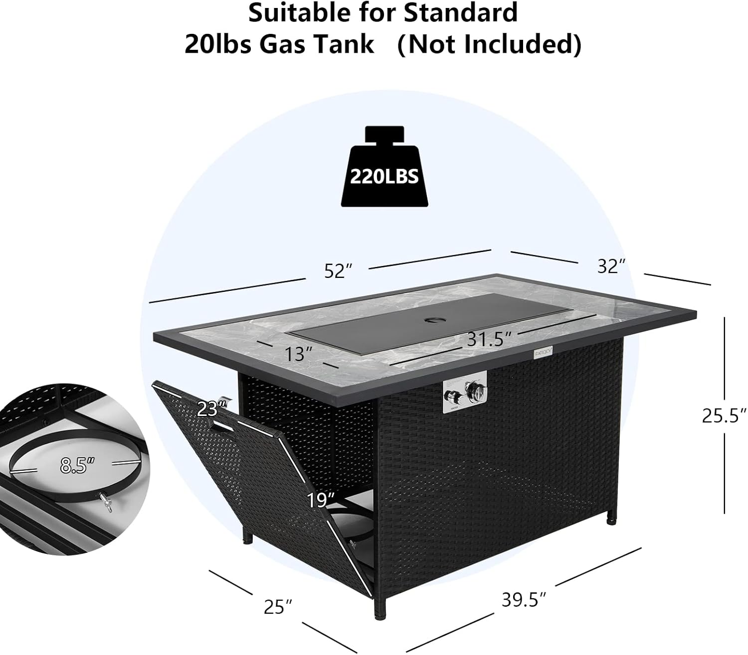 Tangkula 52 Inches Wicker Patio Propane Fire Pit Table, Patiojoy 50,000 BTU Outdoor Gas Fire Table with Auto-Ignition, Hideaway Tank Holder, Marble Tabletop, Lava Rocks, Protective Cover and Lid