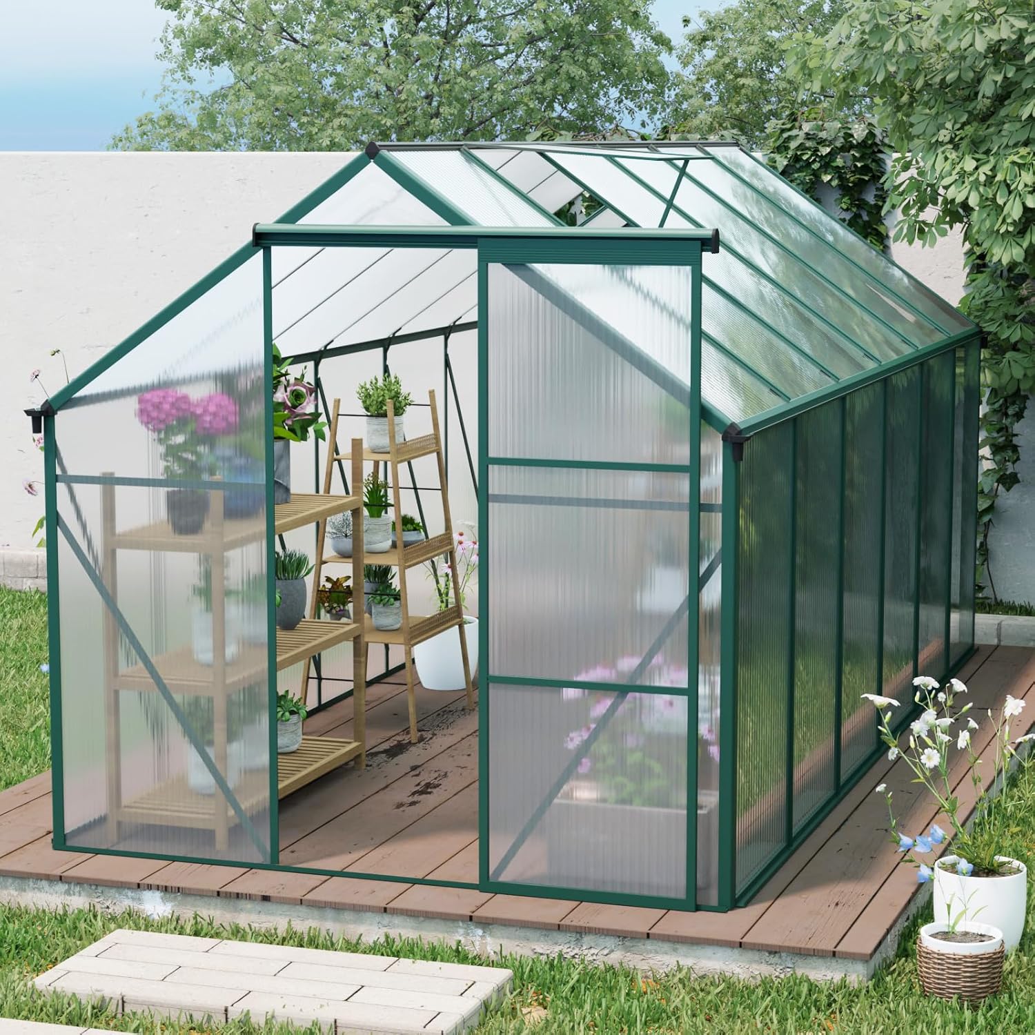 6x12 FT Greenhouse, Heavy-Duty Polycarbonate Aluminum Green House Kit with Door and Adjustable Roof Vent, Walk-in Greenhouse for Outdoors, Garden, Lawn, Backyard, Green