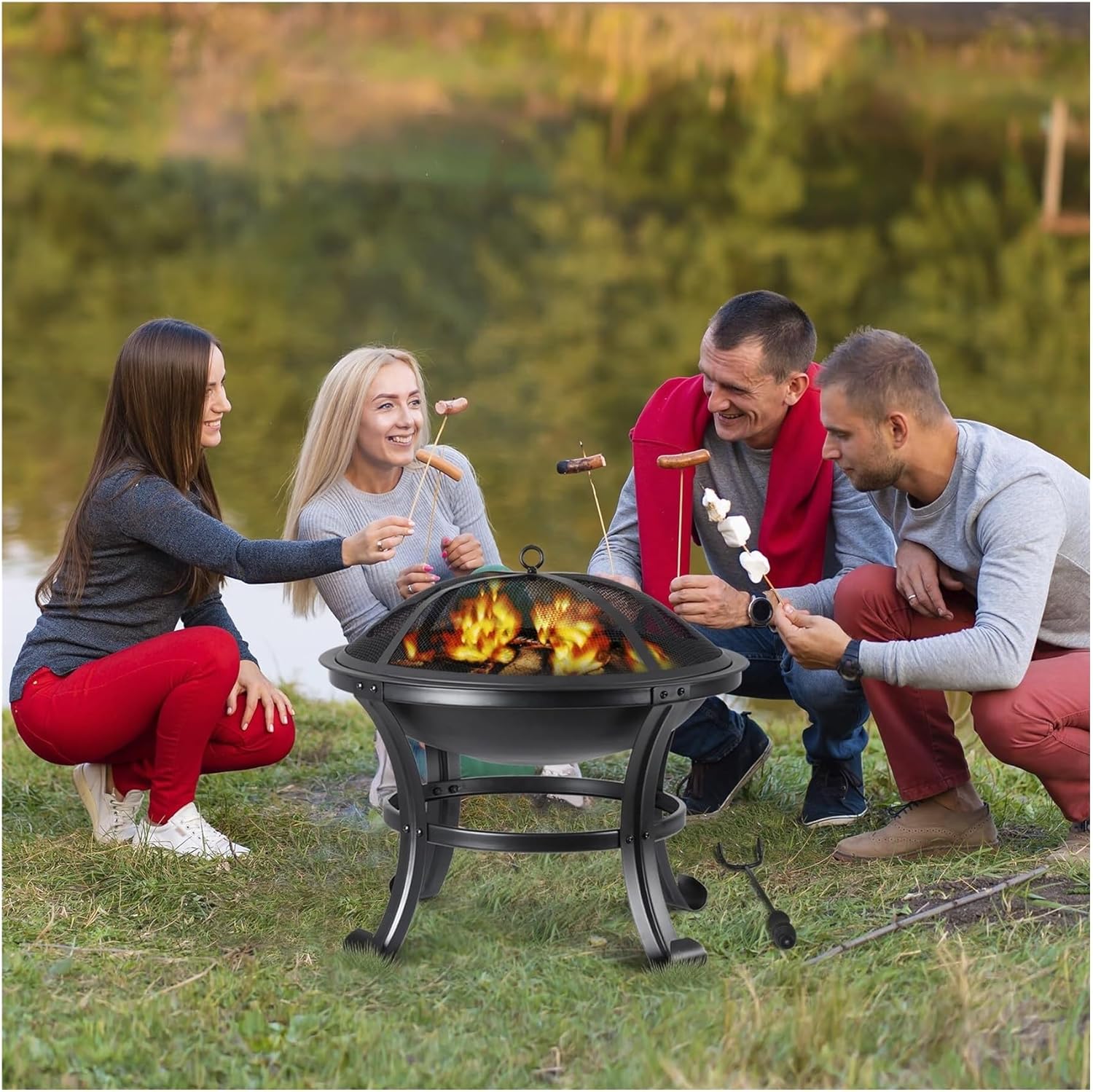 22 Inch Portable Steel Fire Pit for Outdoor Use Lightweight Wood Burning Firepit Bowl with Log Grate and Poker for Backyard Patio Camping Bonfire and BBQ