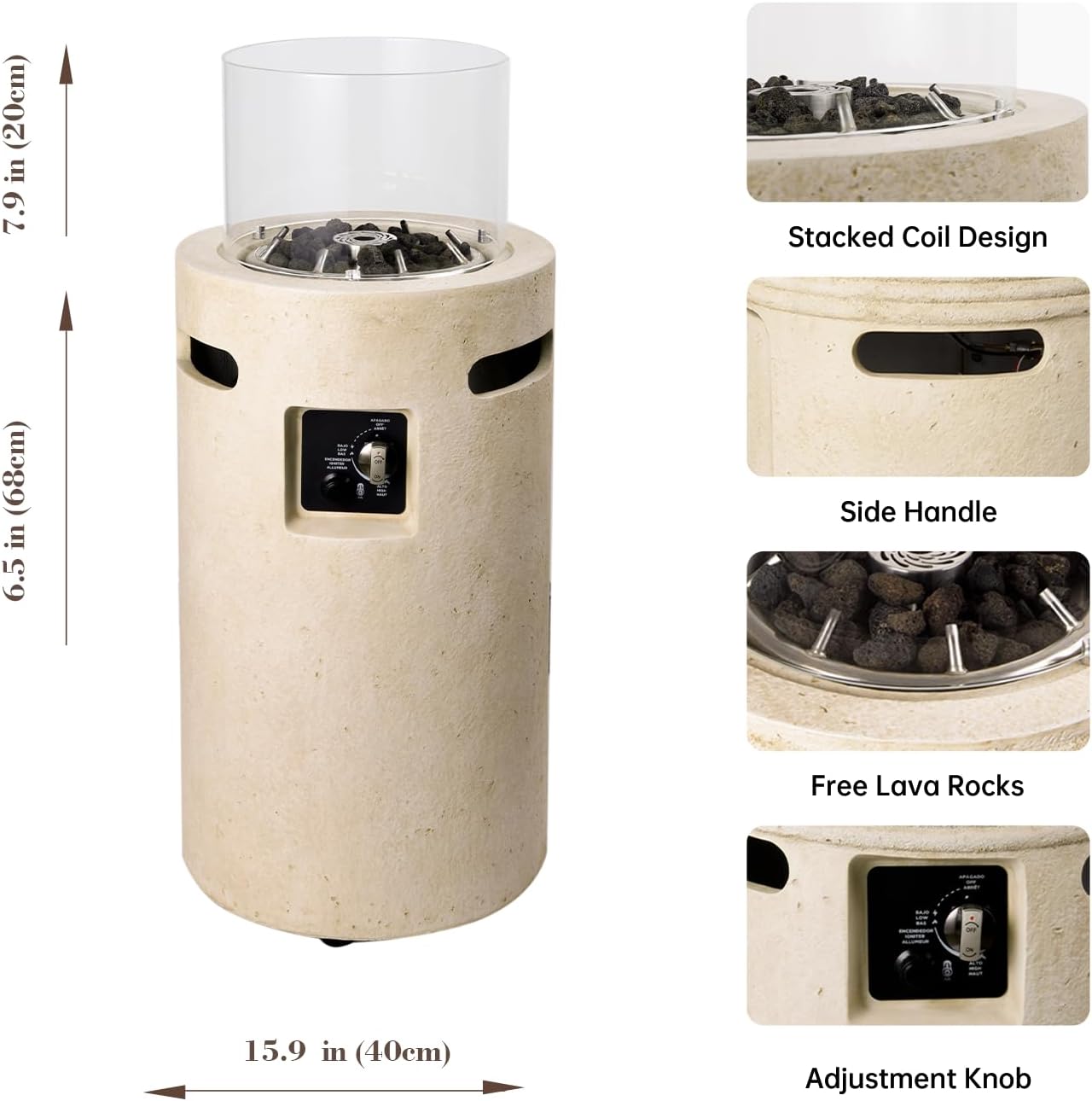 16 inch Propane Fire Column, 50,000 BTU Outside Gas Fire Pit with Glass Wind Guard, Lava Rocks for Outside Patio, Garden, Backyard