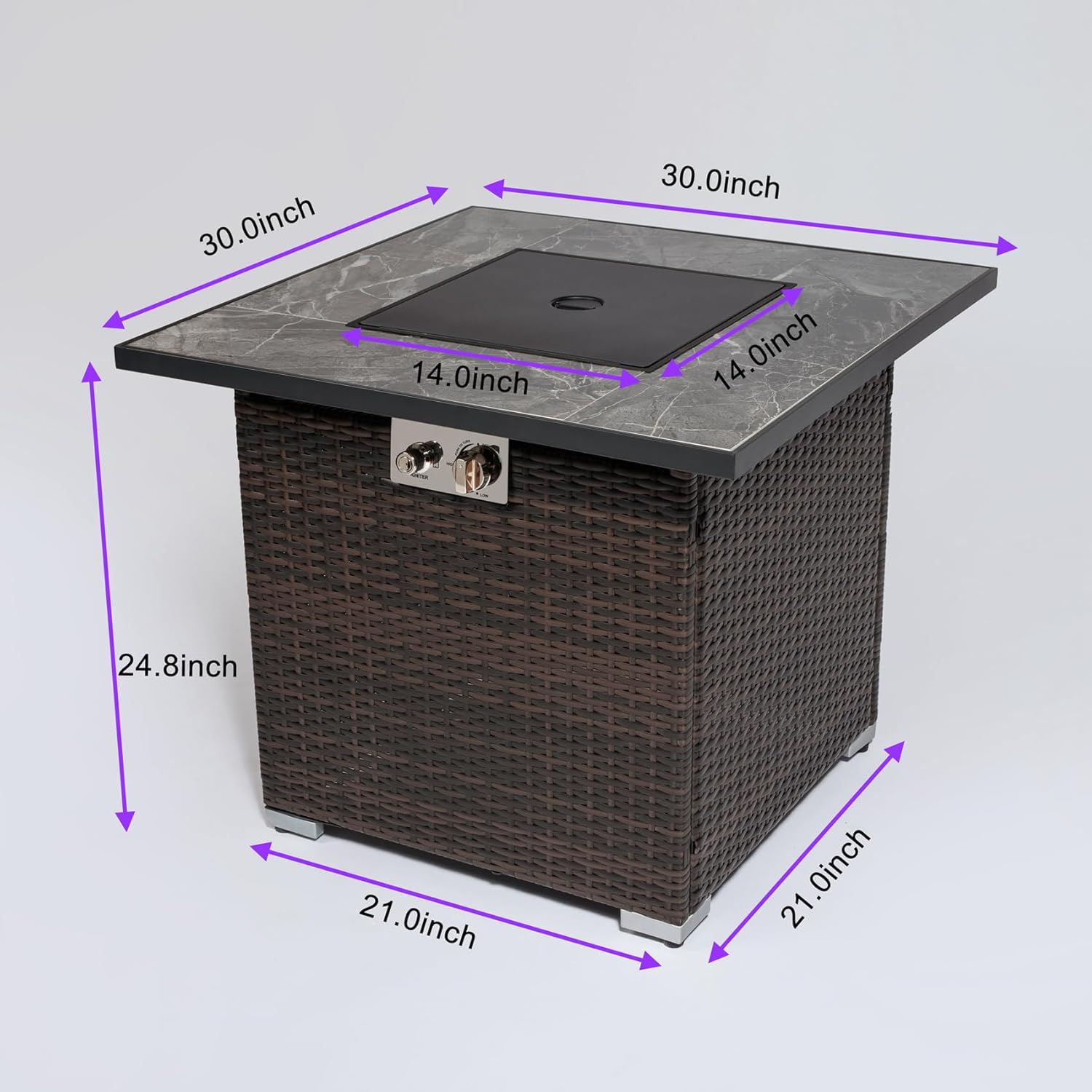 Propane Fire Pit Table, 40,000 BTU Gas Fire Pit, Wicker Patio Outdoor Fire Table, 30 Inch Square Gas Firepits for Outsides Backyard with ETL Certification, Glass Rocks, Lid, Cover, Brown