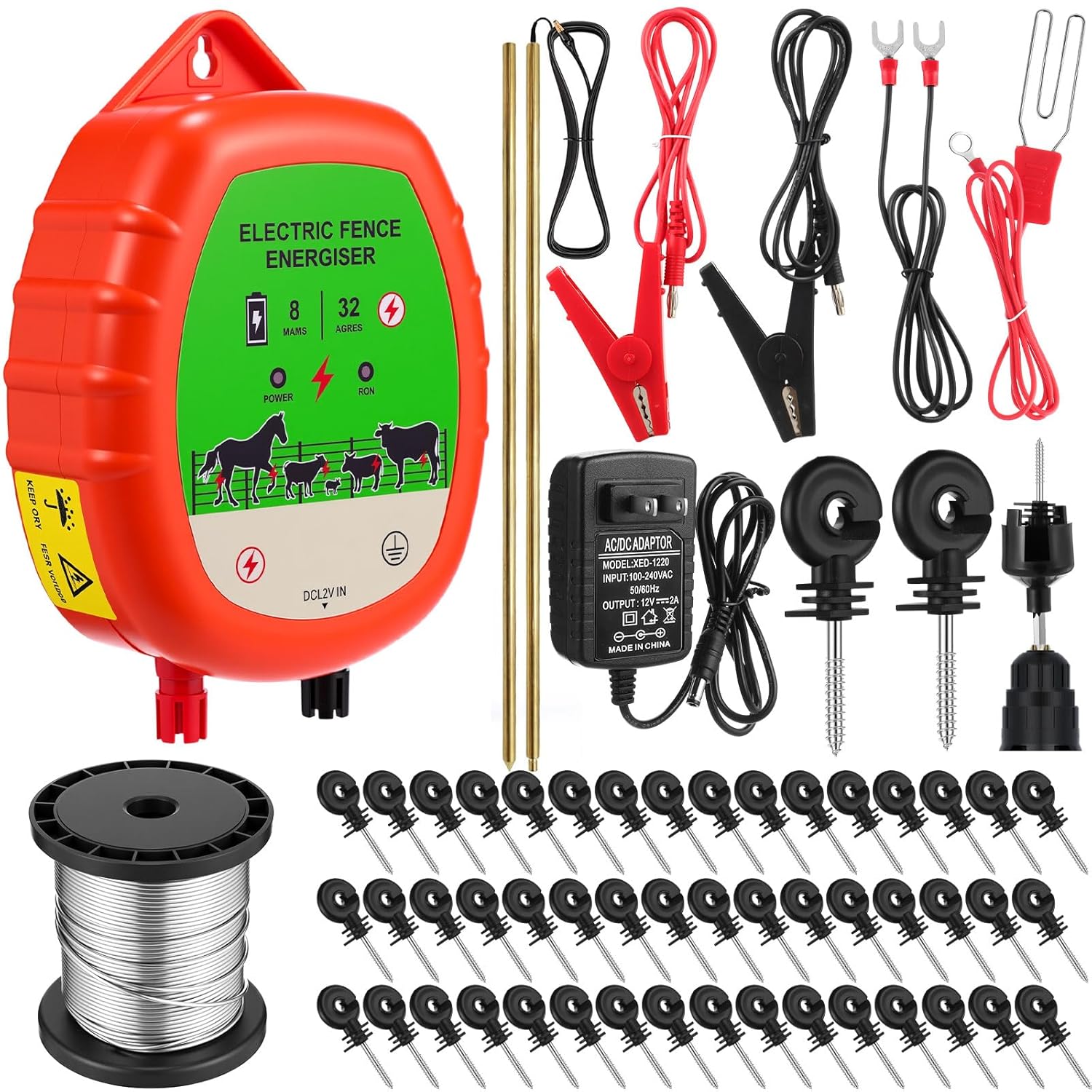 8 Mile Electric Fence for Keeping Predators Out, 12kv 2J Electric Fence Charger with 50 Black Insulator 1 Socket Tool 250ft Aluminum Wire Kit for Livestock Control Farm(Classic Ver.,Orange)
