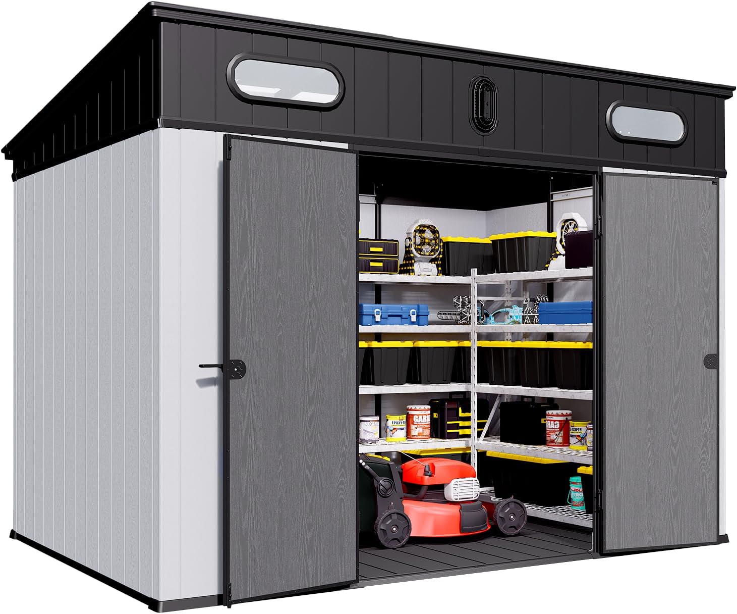Outdoor Resin Storage Shed with Floor, HDPE Panels Reinforced with Steel, Skylight, Vents, Lockable Doors (10 × 7 ft)