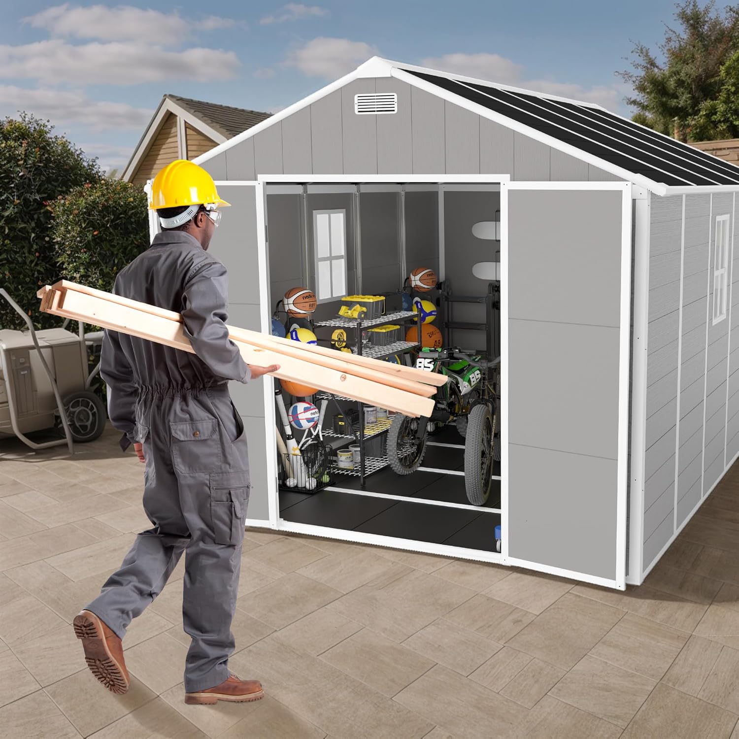 8 * 10ft Outdoor Resin Storage Shed, Large Storage Space with Windows and Vents, Sturdy and Durable Outdoor Storage Shed