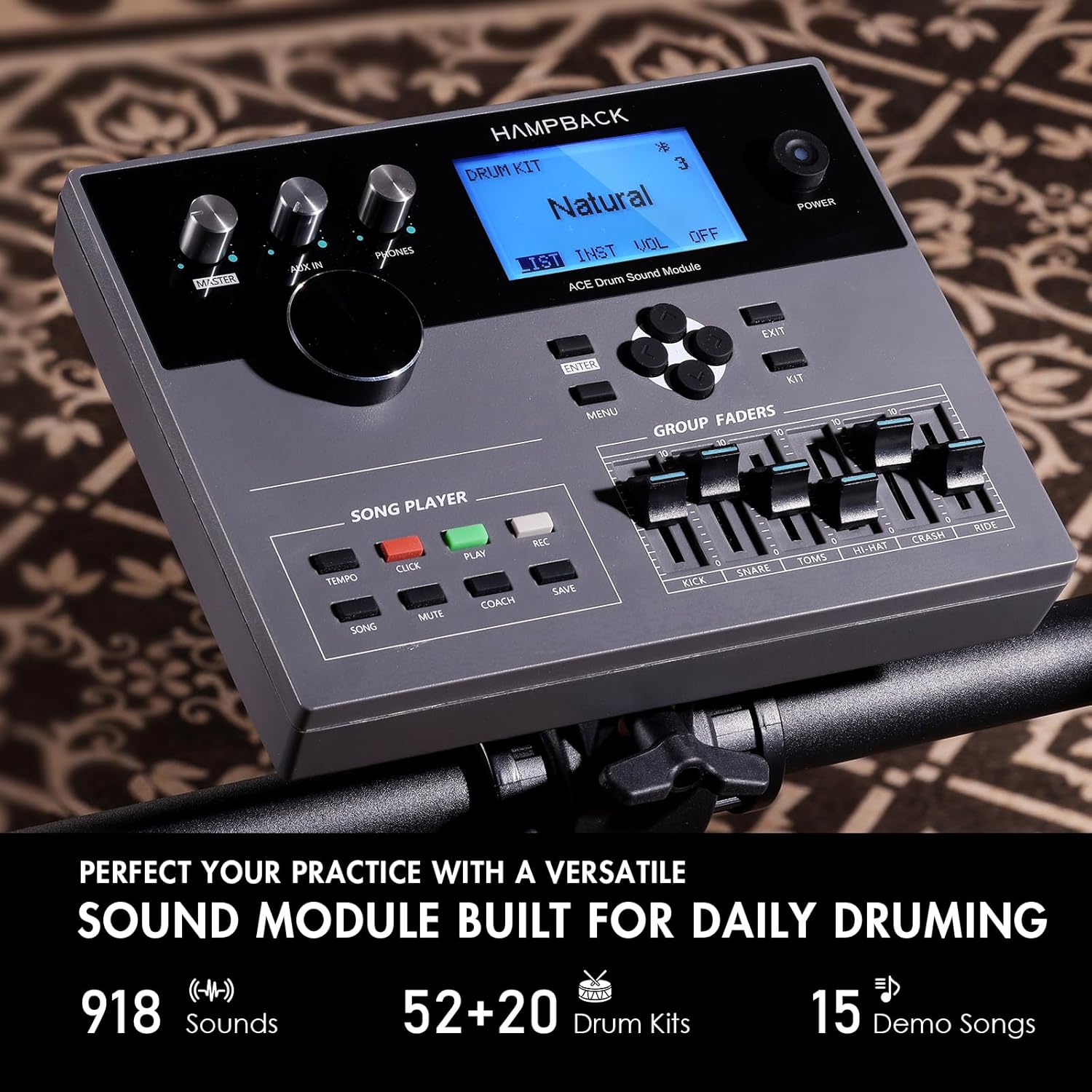 ACE-307 Electric Drum Sets for Beginner with Quite Mesh Pads, 2 Cymbals w/Choke, 52+20 Drum Kits and 918 Sounds, USB MIDI, Recording Function(5 Pads, 3 Cymbals)