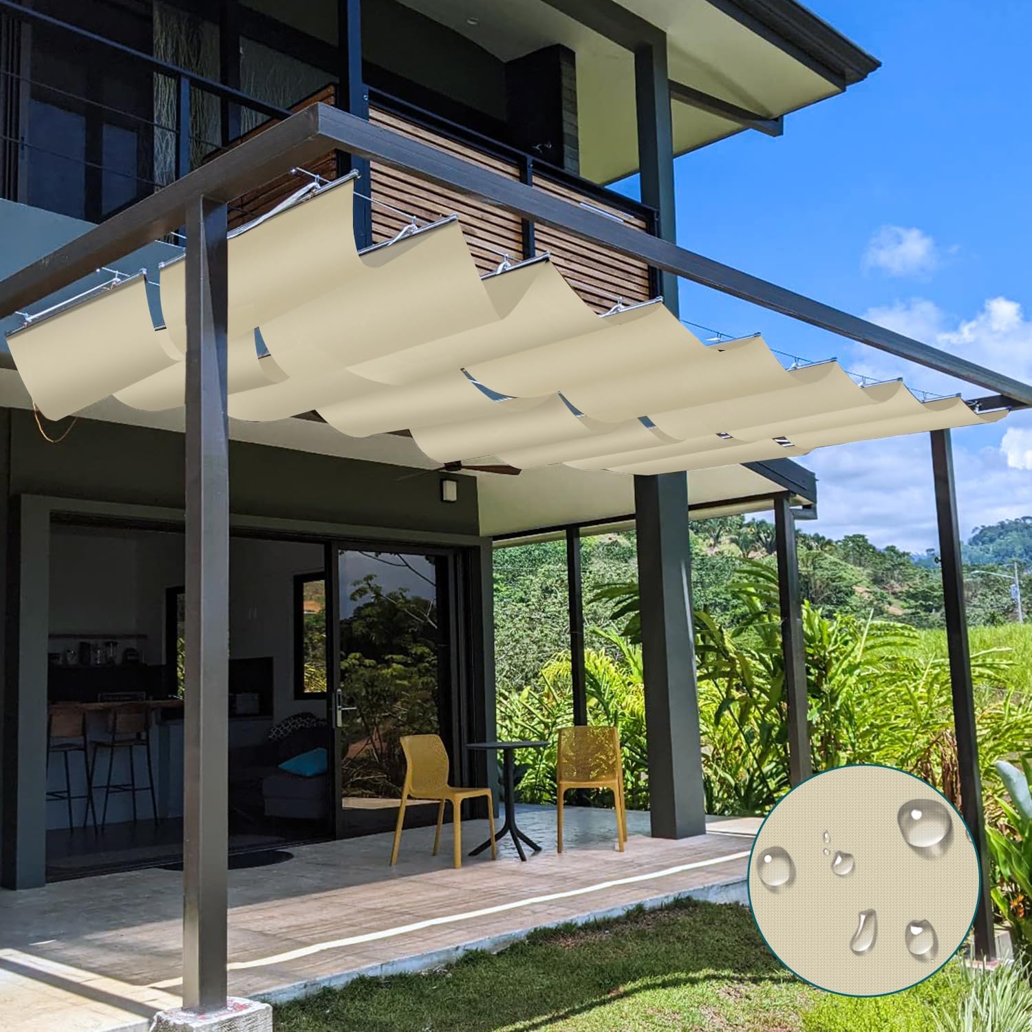 TANG 4' x 16' Waterproof Pergola Shade Cover Retractable Sun Shades Outdoor Patio Pergolas Canopy Replacement Pergola Kit, Wave Shade Sail with Hardware Wire Cable, Beige