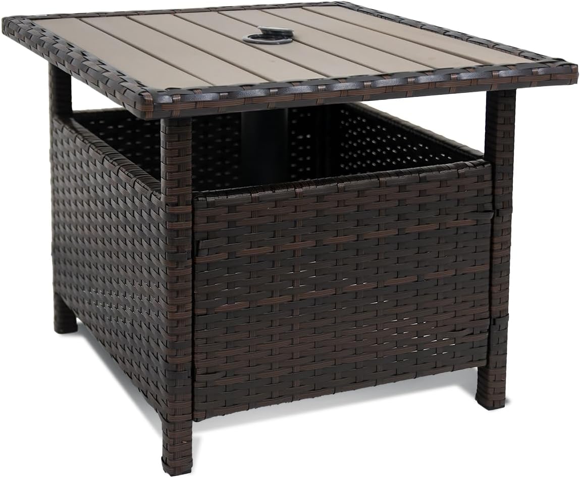 Sundale Outdoor Patio Umbrella Stand All Weather Wicker Rattan 22 in Umbrella Table Garden Furniture Deck Pool Table, Brown