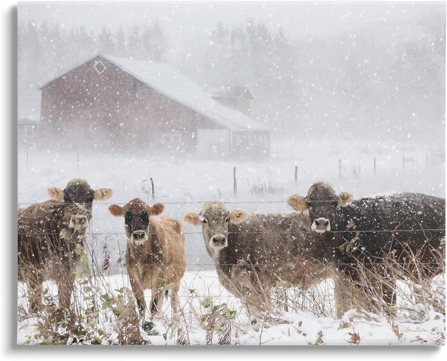 Stupell Industries Winter Farm Scene Cow Cattle Snowflakes Barn, Design by Lori Deiter