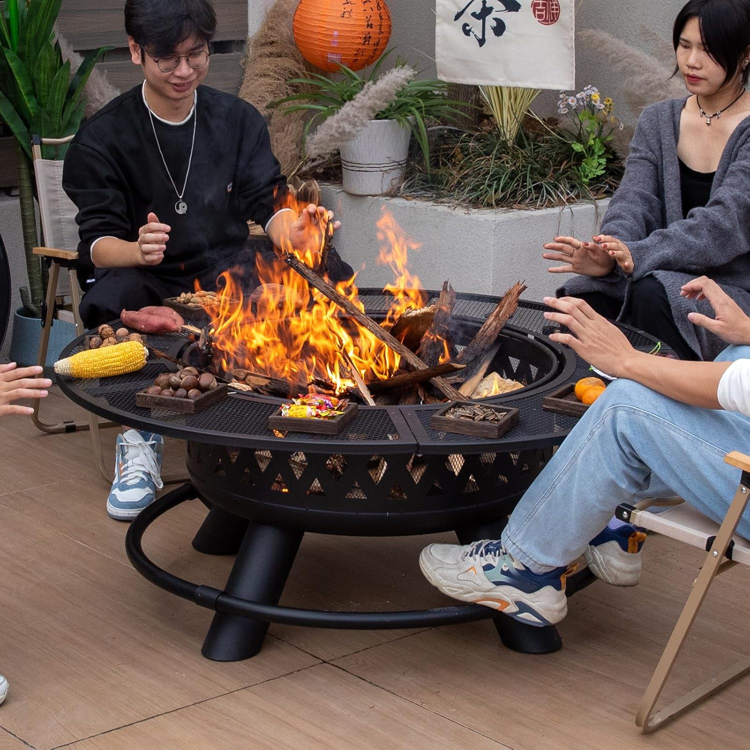 47 Inch Outdoor Fire Pits with Grill & Lid Outdoor Metal Wood Burning Fire Pit for Patio Multifunctional Large Firepit with Fire Poker for Backyard Garden Bonfire (Black)