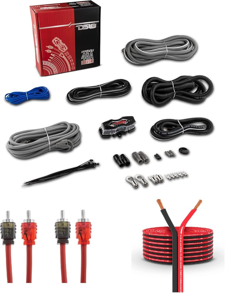 DS18 Car Audio Installation Cables Bundle - AMPKIT 4GA Amplifier Wiring Kit Amp, 100ft Speaker Wire CCA 16GA and 2X RCA Ultra Flex 2-Male to 2-Male 3ft - Superior Sound Quality for Your Stereo System
