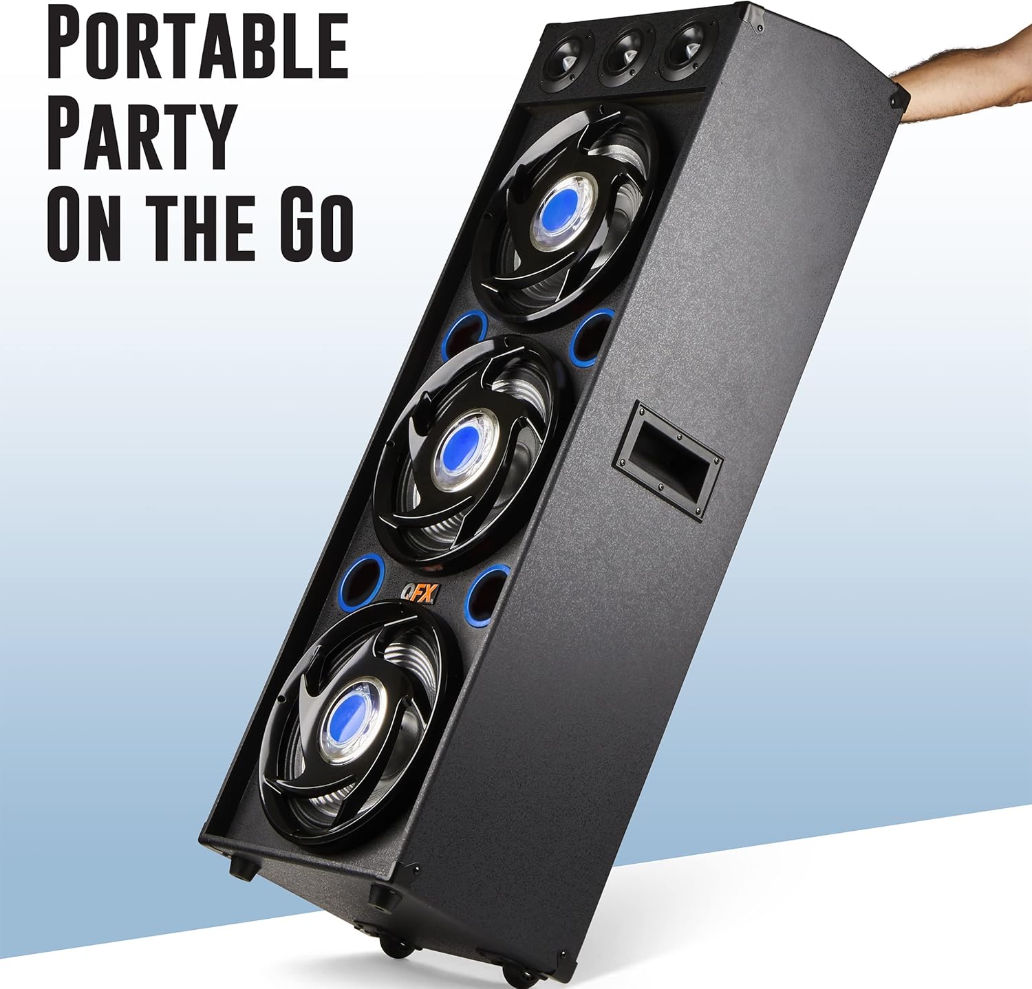 QFX SBX-412300BT TWS Bluetooth Triple 12” Woofer Triple 1” Tweeter Recording High-Performance PA Cabinet Speaker with 10-Band Graphic EQ, 2 Microphone Inputs, Guitar Input, and AUX Input, Blue