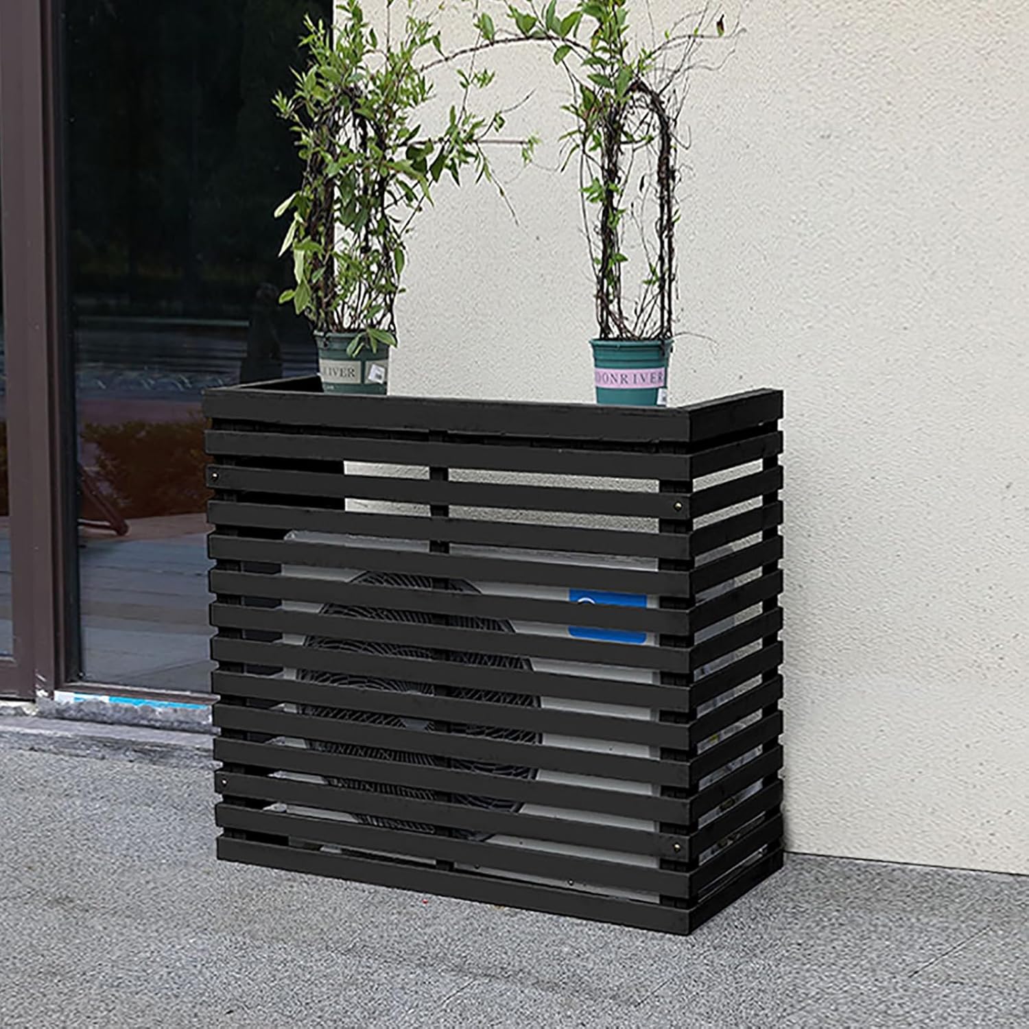 Air Conditioner Fence Screen Outdoor, Wooden Split AC Cover for Outside Units, Shelf Plant Stand for Outdoor, Garden (Color : Black, Size : 85x80x35cm)