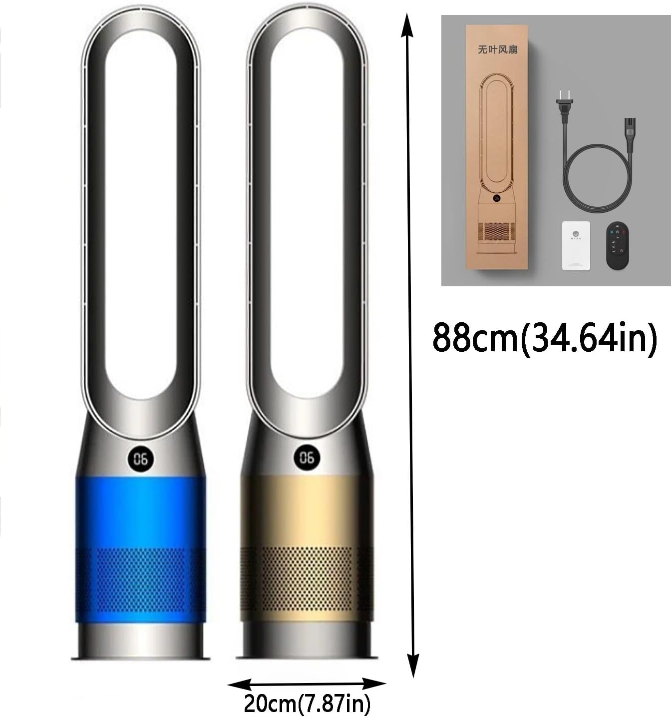 Warm and Cold Fan/Bladeless Fan/Home Heater/Floor Air Circulation Fan/Tower Fan,20 * 88cm,with Remote Control,3-Speed Warm Air,8-Speed Cool Air(Blue)