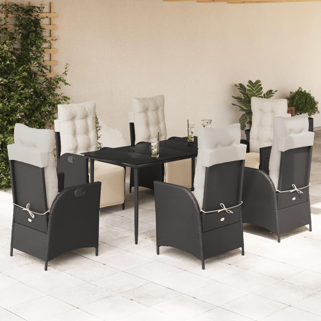7 Piece Patio Dining Set with Cushions Black Poly Rattan,Adjustable Outdoor Dining Set Poly Rattan Reclining Garden Chairs and Tempered Glass Table Patio Furniture Sets, Outdoor Furniture Sets
