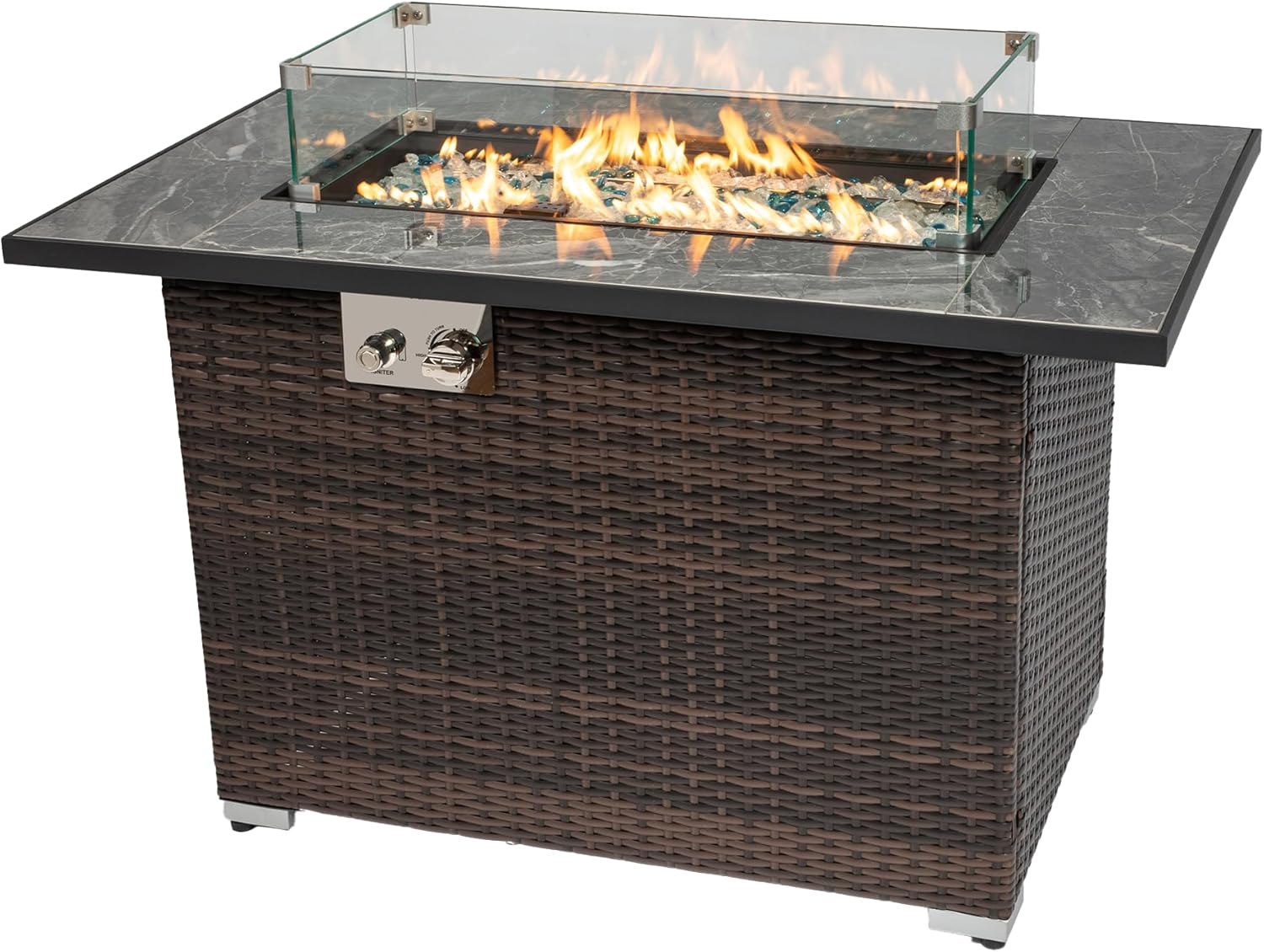44 Inch Propane Fire Pit, Outdoor Fire Pit Table, 50000 BTU Rectangular Gas Fire Pits with Tile Tabletop and Beautiful Wicker Base for Outside Patio Deck Garden, Brown