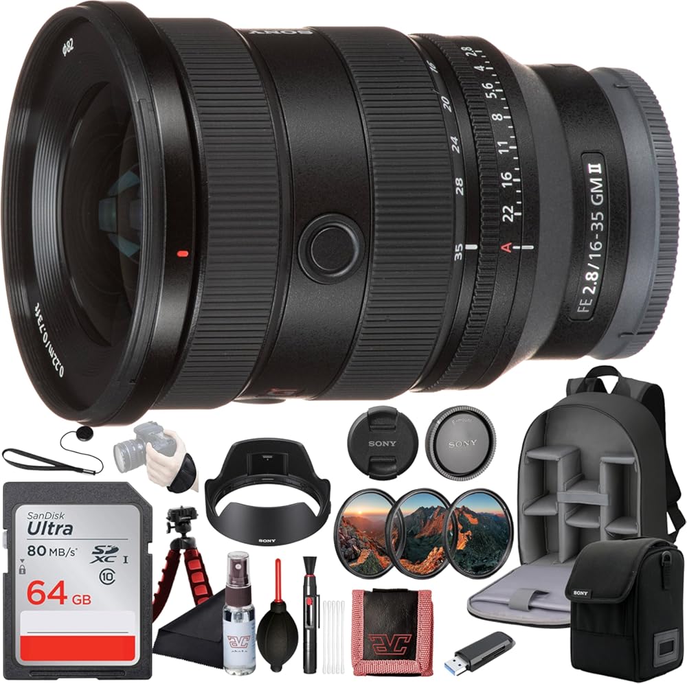 Sony FE 16–35 mm F2.8 GM II Wide-Angle Zoom Lens (SON163528GM2) – Compact G-Master Optics for Full-Frame Stills & Video + 64GB Memory Card + Filter Kit + Backpack + More