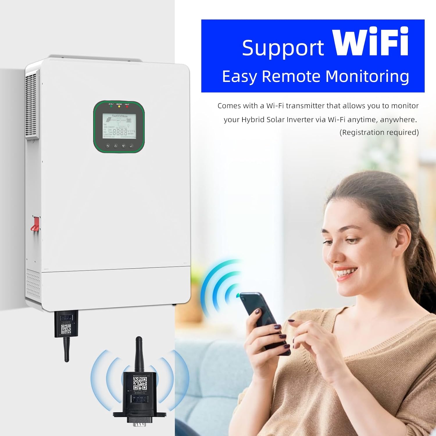 6500W All in One Solar Hybrid Inverter with WiFi, MAX .6 Parallel, Pure Sine Wave with CT Sensor, Built-in 2 MPPT Solar Charge Controller, 48V to 120V-240V with CT Sensor for Home, RVs, Lead Acid/Li