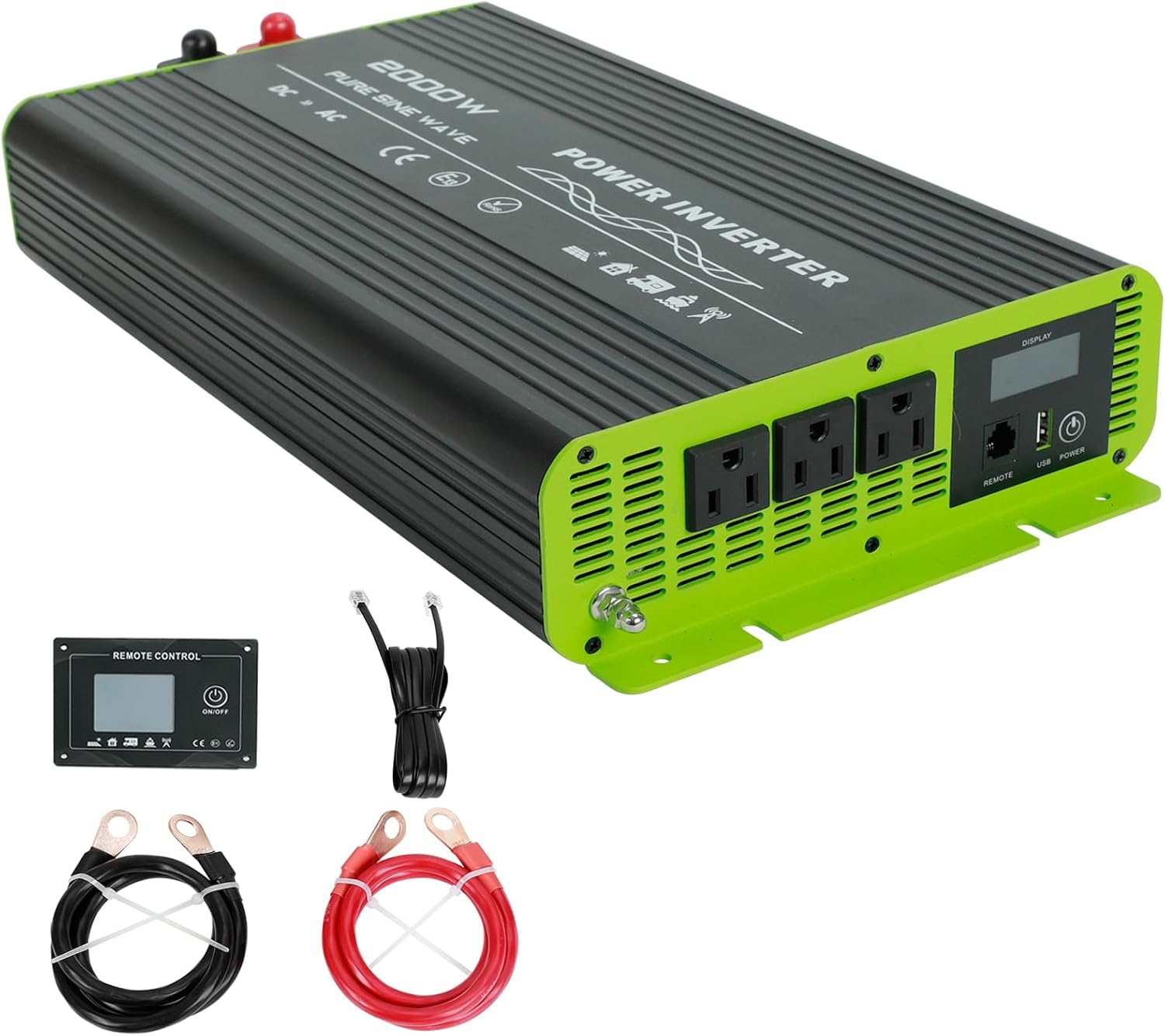 Confote 2000W Pure Sine Wave Inverter,12V DC to 120V AC Converter for Vehicles,Home, Solar Power Inverter 12V to 110V with Built-in 5V/2.1A USB/Hardwire Port, Remote Controller