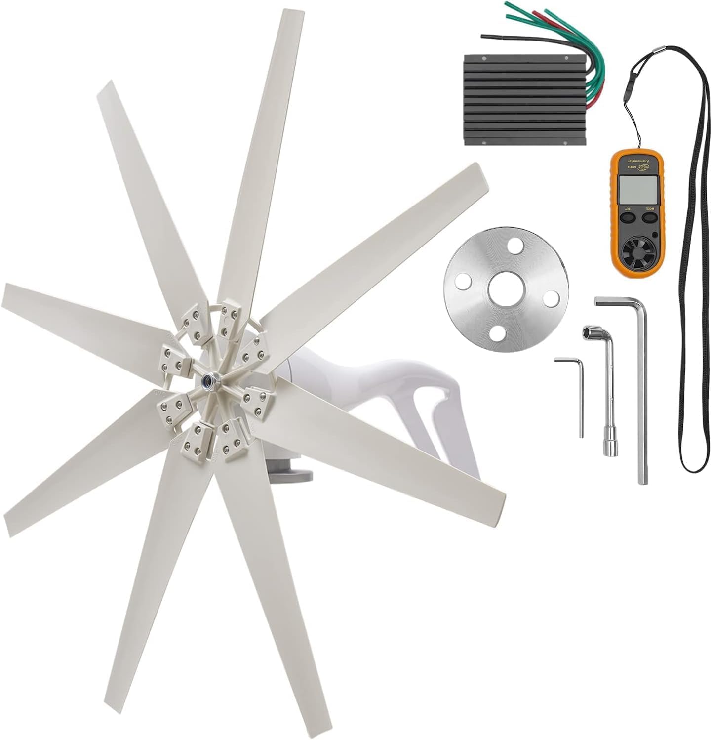 12V Wind Turbine Generator Kit, 600W Wind Power Generator with 8 Blade and MPPT Charge Controller Yaw Adjustment System for Marine, RV, Home Hybrid Solar Wind System, White