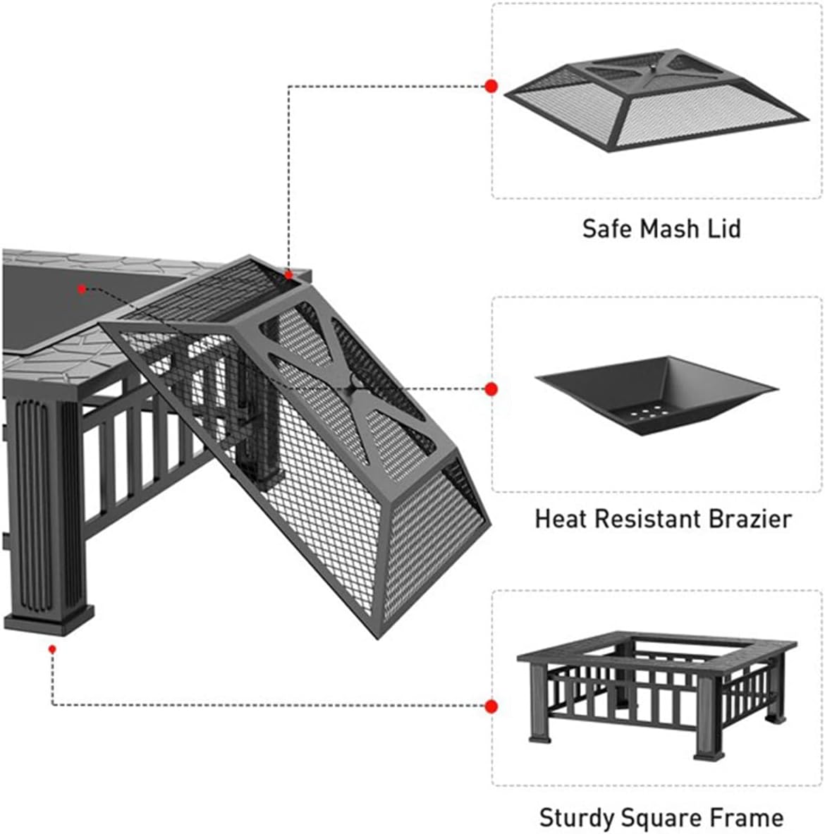 Fire Pit 32'' Wood Burning Firepit Metal Square Outdoor Fire Tables SteelFire Pit Bowl with Spark Screen Cover, Poker Log Grate for Patio Bonfire Camping Backyard Garden Picnic