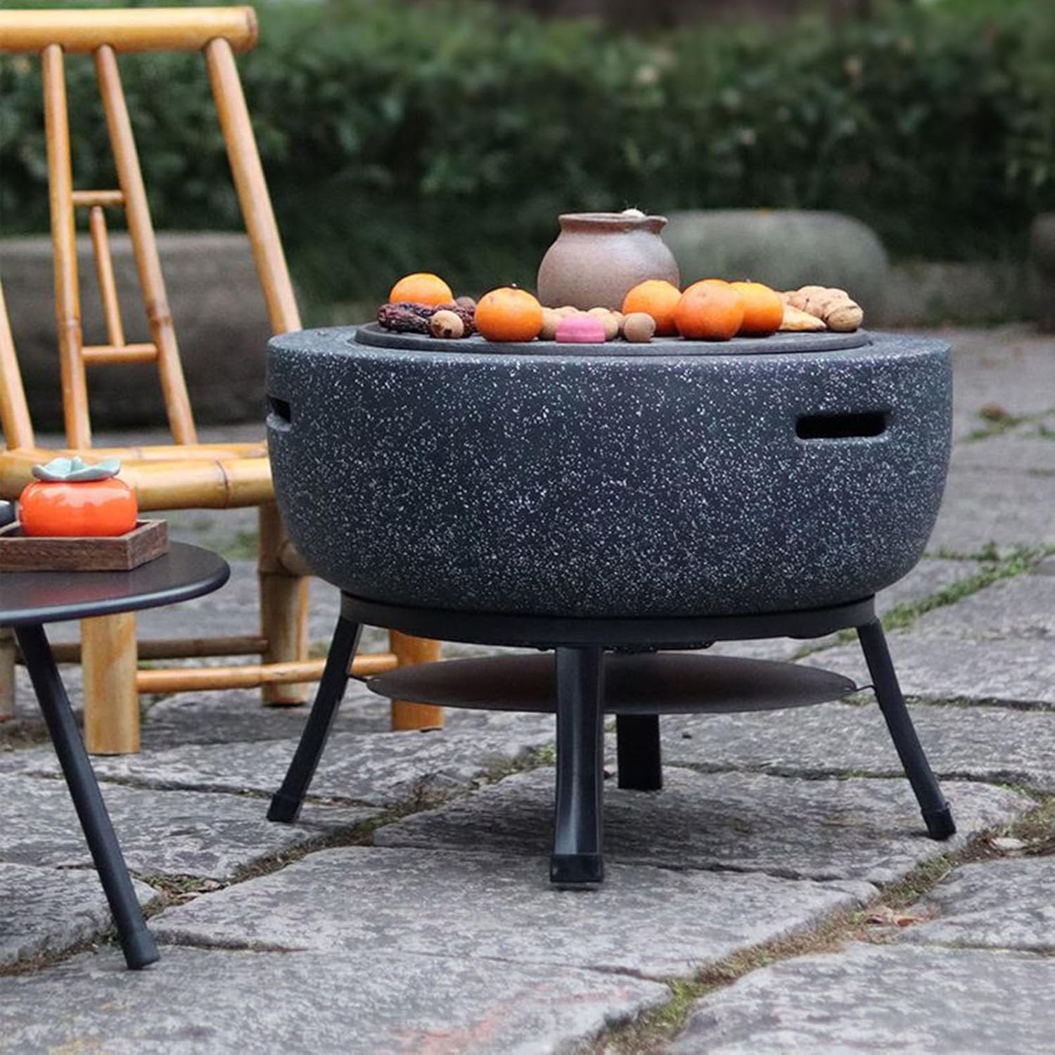 Clay Charcoal Stove Portable Grill, 16x17 Inch Outdoor Fire Pit Combo Hibachi Grill with Marble Steel Bracket White Grey(White)