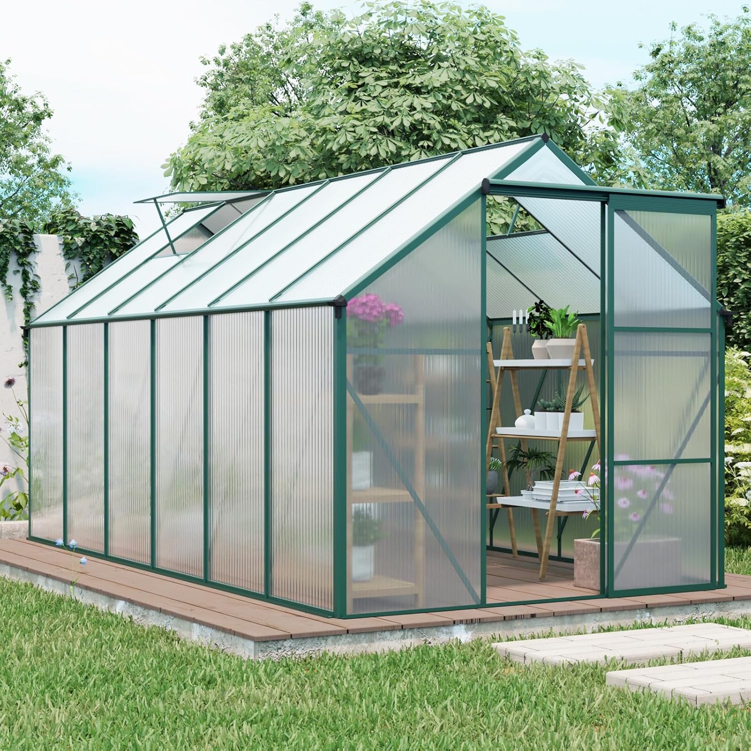 6X12FT Polycarbonate Greenhouse, Greenhouse for Outdoors, Aluminum Large Walk-in Garden Backyard (Green)
