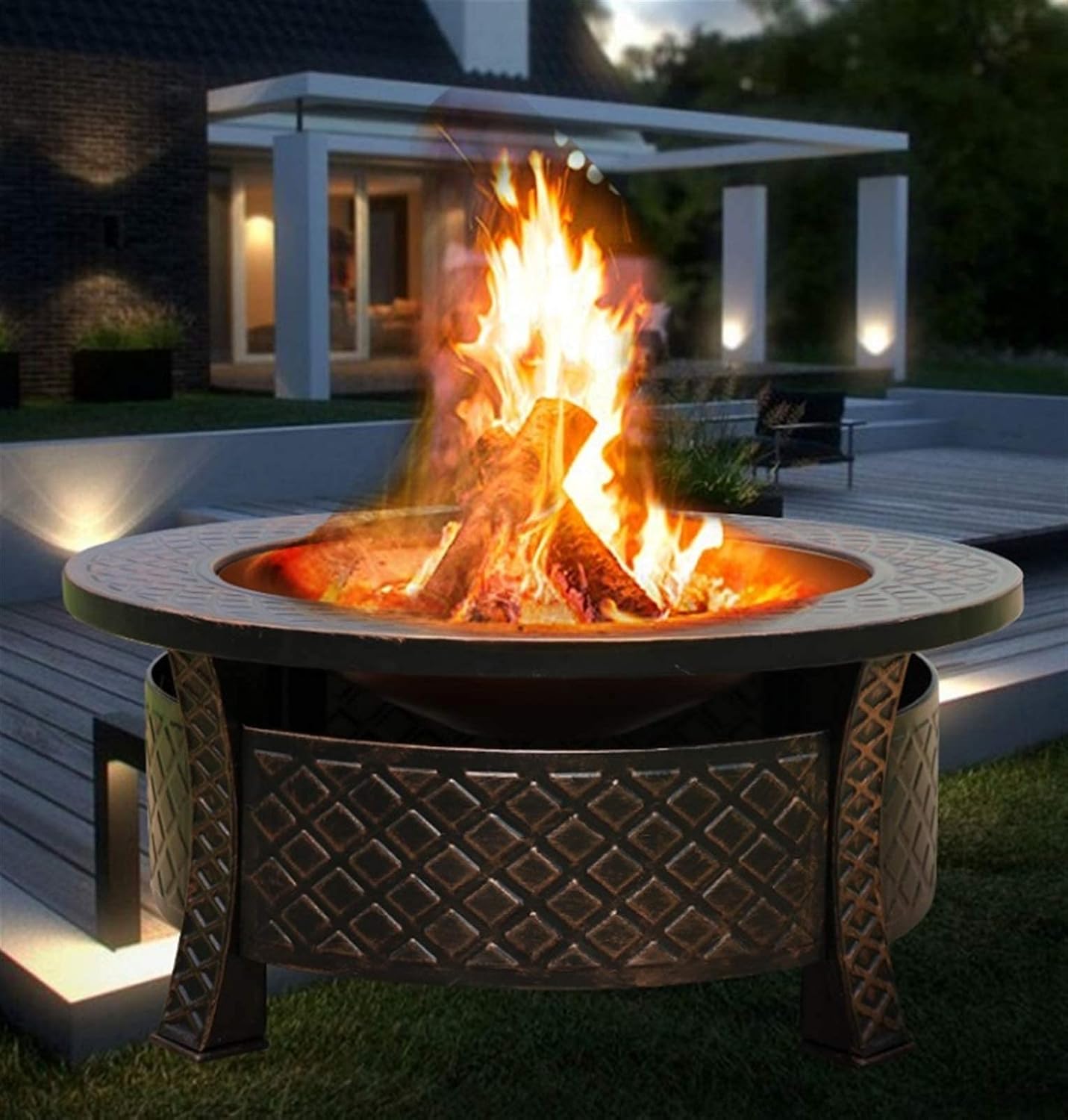 Fire Pit,Outdoor Oil Rubbed Fire Pit with BBQ Grill, Metal Poker Iron Mesh Ember and Spark Guard Screen Table Heating Charcoal Brazier Charcoal Stove