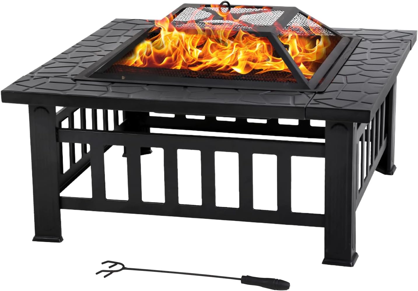 Square Metal Fire Pit Table with BBQ Charcoal Rack, Poker & Mesh Cover – Outdoor Wood Burning Fireplace for Patio, Garden, Camping, Picnics & Backyard Bonfires