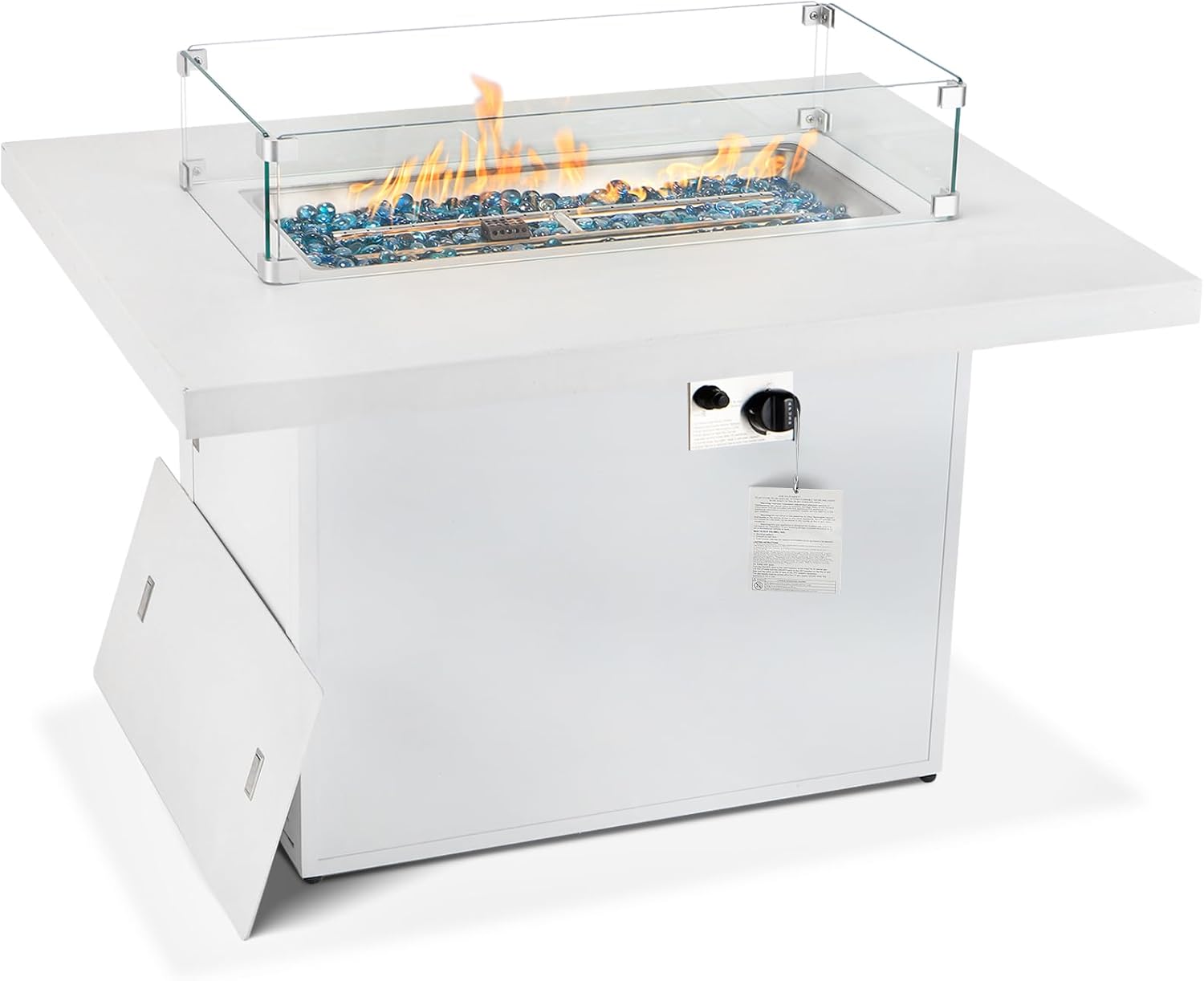 RADIATA Patio Outdoor Aluminum Rectangle Propane Gas Fire Pit Table Anti-Rust 55,000 BTU H-Burner Firepit with Glass Stones & Wind Guard Glass Cover for Outside Garden Yard Pool Balcony (White)