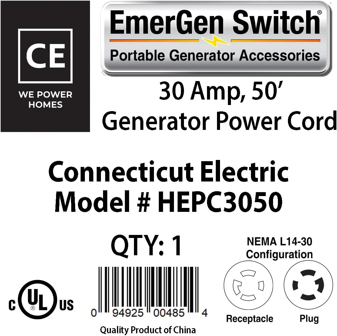 Connecticut Electric 50 Foot Generator Power Extension Cord, 30 Amp, 4 Prong, NEMA L14-30P (Male), NEMA L14-30R (Female)