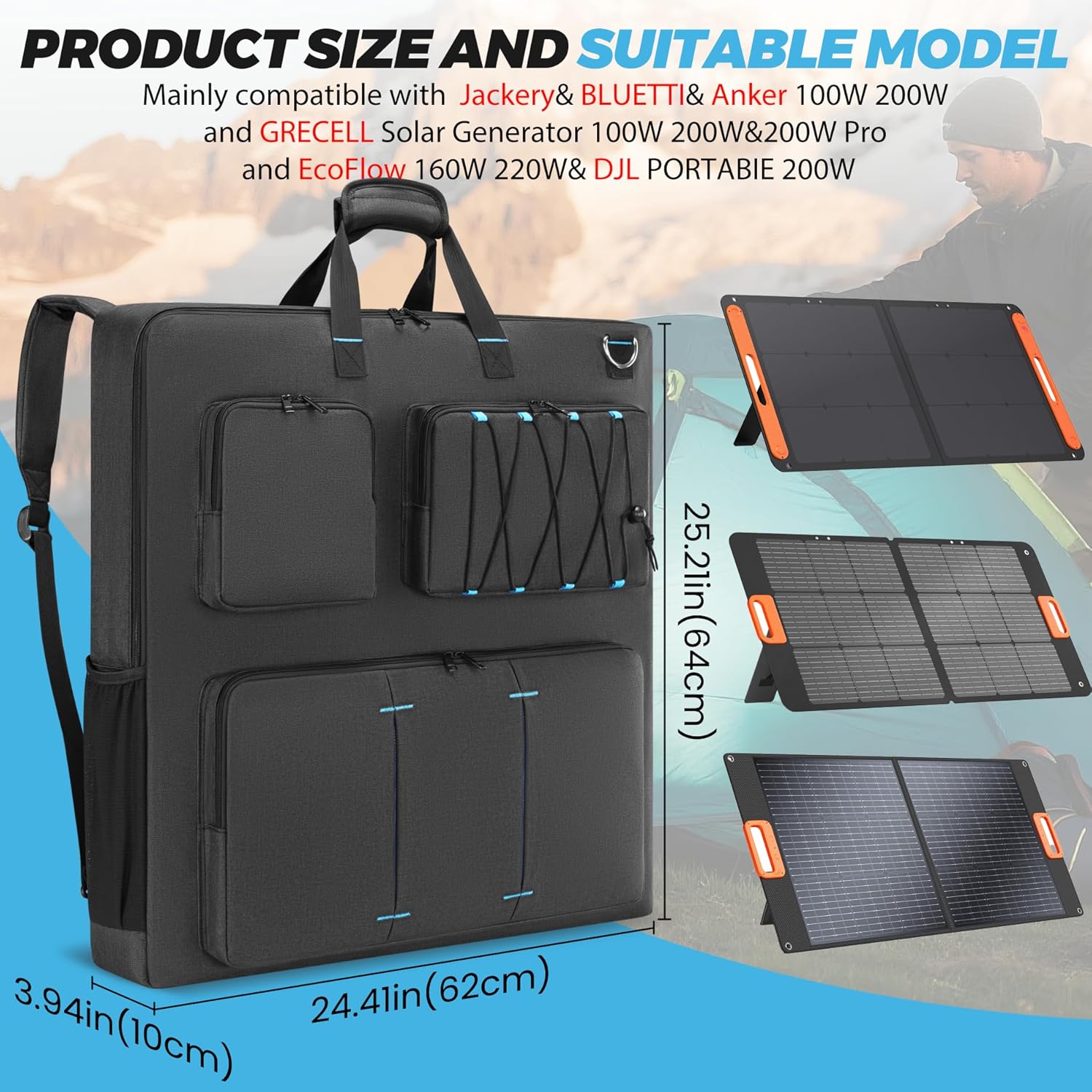 Travel Carrying Case Compatible with Jackery& BLUETTI& Anker 100W 200W and GRECELL Solar Generator 100W 200W&200W Pro, Solar Panel Storage Bag, Padded Carrying Case for 2 Panels with Multiple Pocket