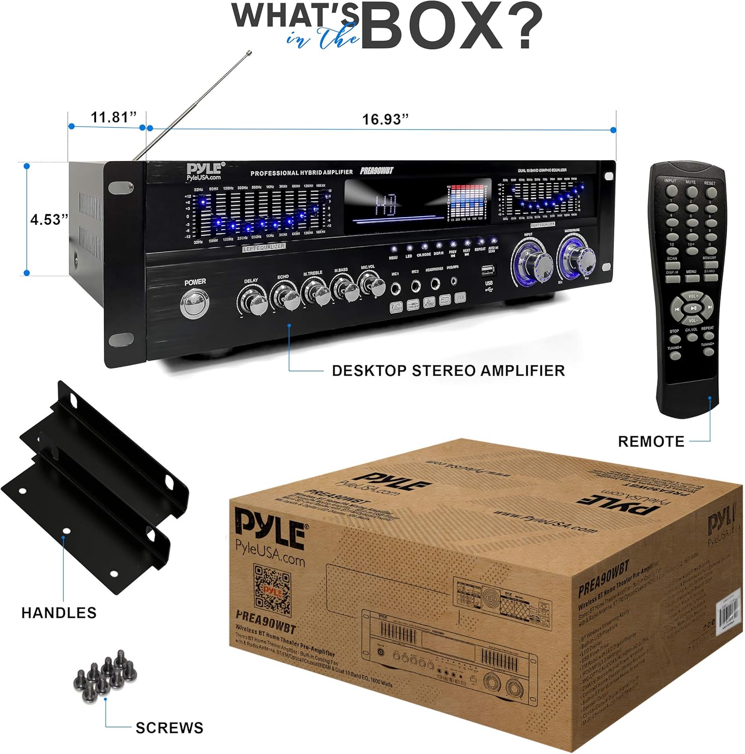 Pyle 6-Channel Bluetooth Hybrid Home Amplifier - 1600W Home Audio Rack Mount Stereo Power Amplifier Receiver w/ Radio, USB/AUX/RCA/MIC, HD/OPT/COAX, AC-3, DVD Inputs, Dual 10 Band EQ - PREA90WBT
