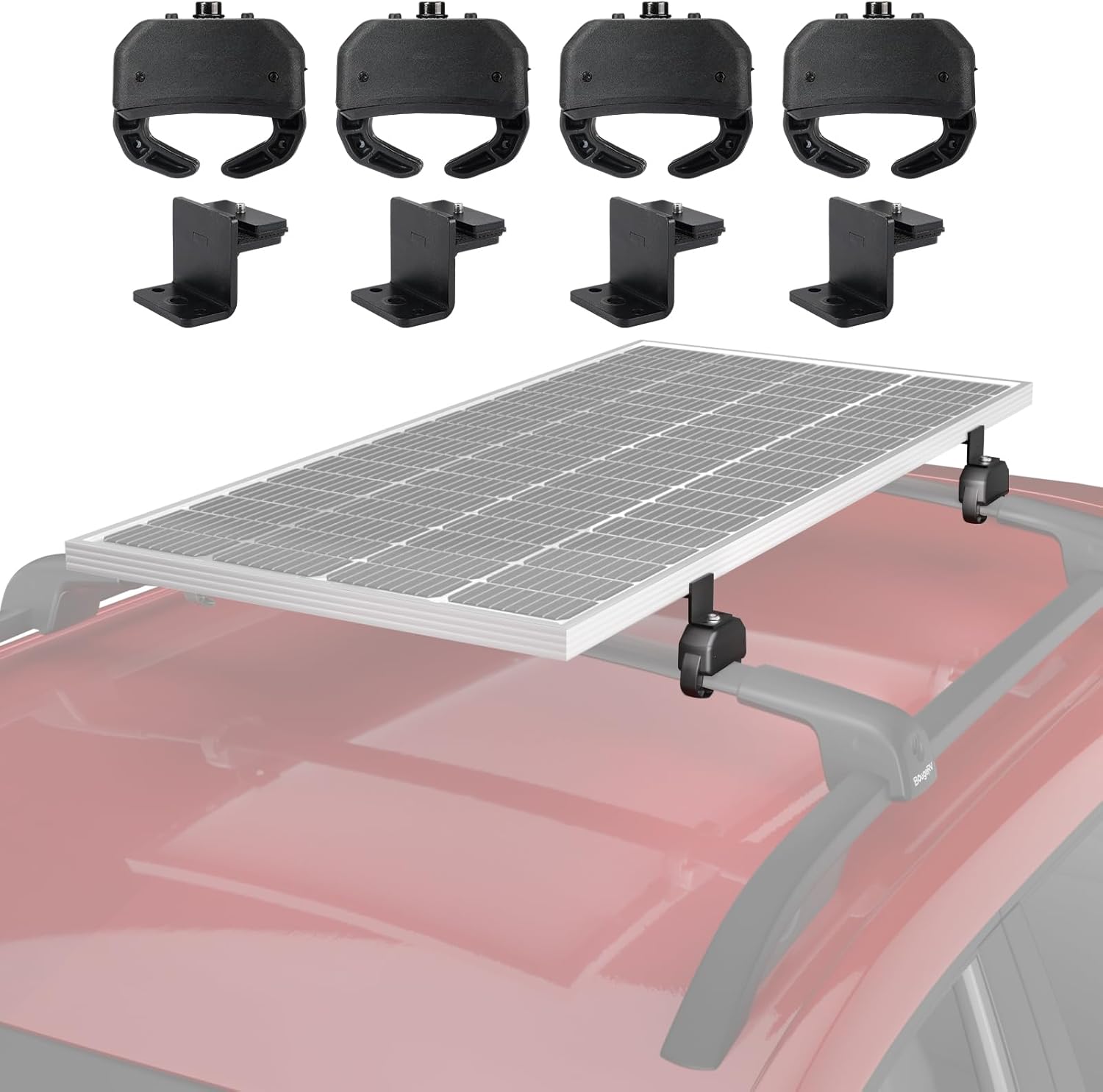 BougeRV Solar Panel Crab Mounting Kit for Cars with Cross Bars, Roof Rack Clamps Fits Most Luggage Rack Without Drilling, 100 to 200 Watt Solar Panel Mounting Brackets, Auto Off-Grid Solar Systems