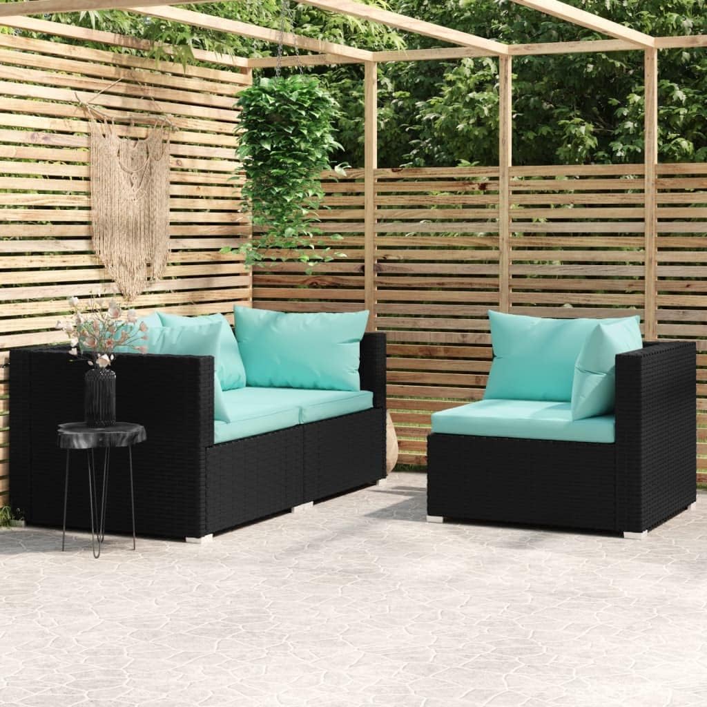 3 Piece Patio Lounge Set with Cushions Black Poly Rattan,Versatile Patio Lounge Set: Weatherproof Rattan, Aqua Cushions, Modular Design Patio Furniture Sets, Conversation Sets